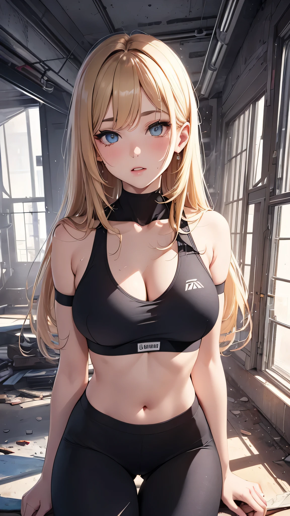 最high quality、best image quality、masterpiece、teenage girl((20-year-old、 By becoming、vest bust、medium bust,wide open breast tea、black eye, blonde hair、long hair、thin,highest valley、blue sports bra、Blue sports pants、stretch、sweating、scattering of sweat)),high quality、beautiful art、background((black room))debris flies、Depth of written boundary、movie、visual art、perfect art、8k,genuine、erotic