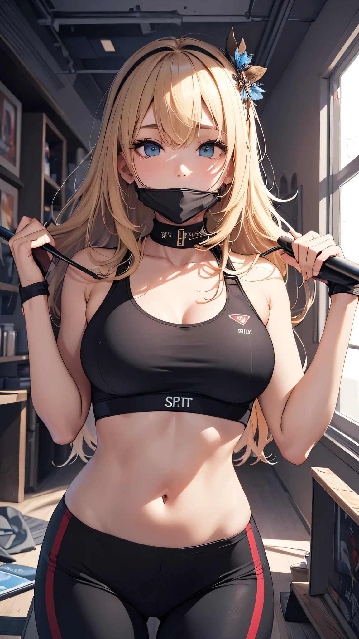 最high quality、best image quality、masterpiece、age girl((20-year-old、 By becoming、vest bust、medium bust,wide open breast tea、black eye, blonde hair、long hair、thin,highest valley、blue sports bra、Blue sports pants、stretch、sweating、scattering of sweat)),high quality、beautiful art、background((black room))debris flies、Depth of written boundary、movie、visual art、perfect art、8k,genuine、erotic