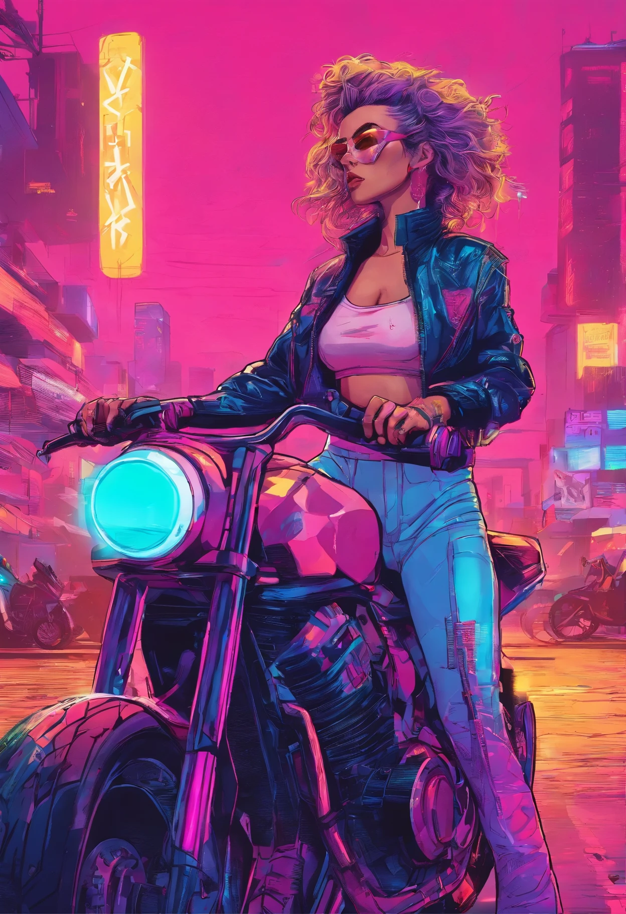Joven, small breasts, sin sujetador, pelo blanco, conduciendo, moto deportiva, atardecer