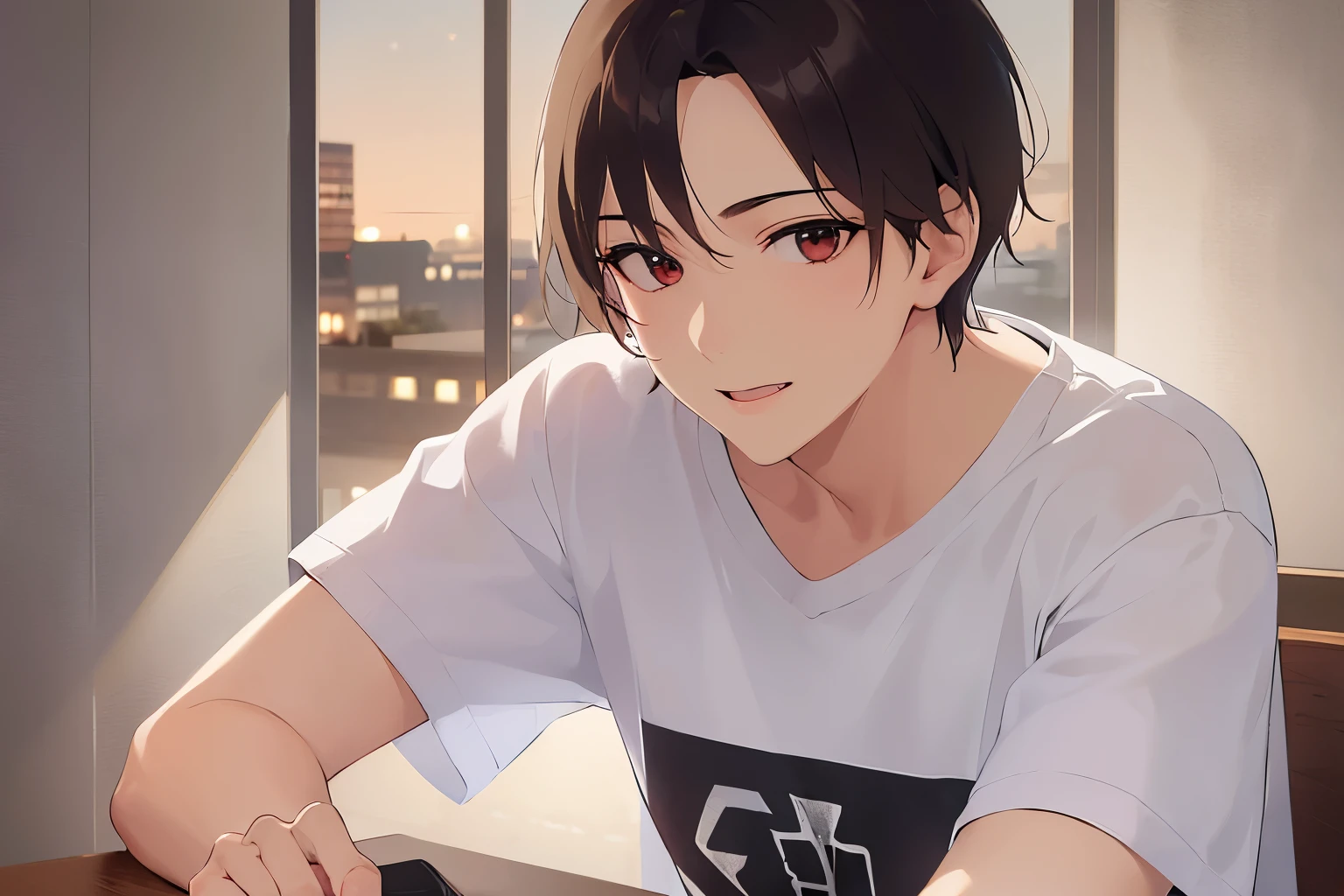 Raising arm, masterpiece、highest quality、(25 year old male:1.5) and (brown short hair) and (red eyes), (wearing a plain white T-shirt:1.5)、smiling expression、The background is the interior of the restaurant.、(Alone:1.5)
