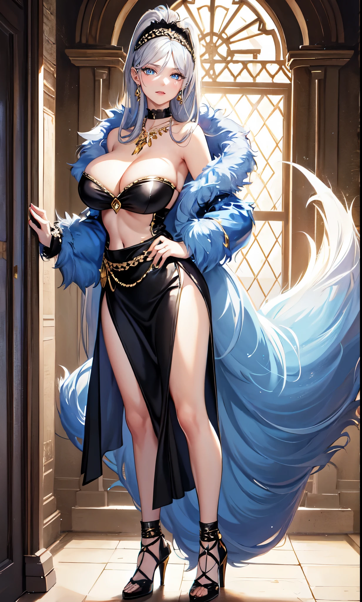 Noble Mansion,(gray hair:2.0),Slender high ponytail,gold headband,Standing close-up,dream world,Mature lady,(Slender blue phoenix eyes,lipstick,long eyelashes),long eyelashes,Contact lenses,gemstone gold necklace,(Off-shoulder blue fur dress,fur tube top,fur strapless,wide cuffs,Long skirt,belt:2.0),fur tube top(big breast)ballroom background,(soft light and shadow:1.9),fur high heels,plush high heels,Detailedly drawn backgrounds