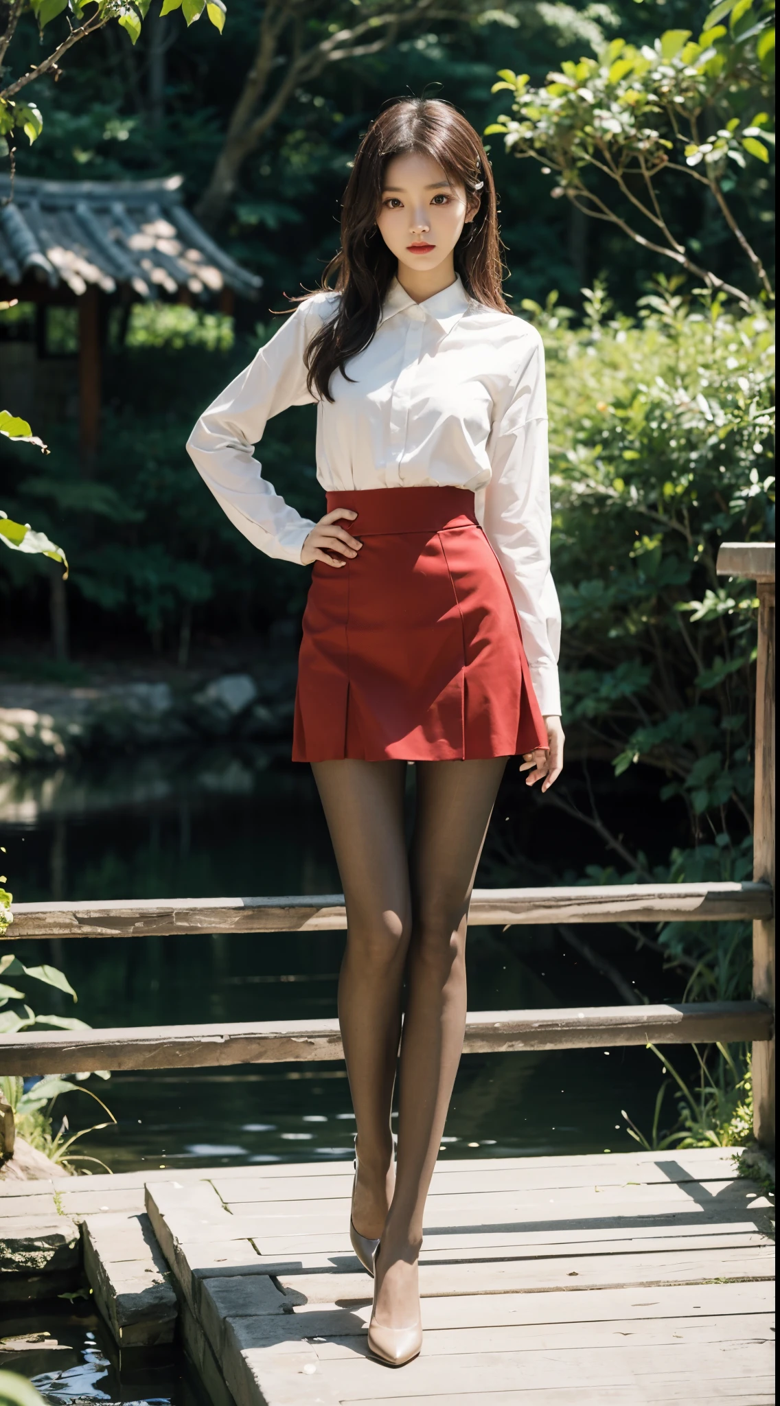(8k,best quality,masterpiece:1.2),(photo reality:1.4),(original photo),The details are complicated,Arapei Asian woman wearing red tight skirt and high heels posing for photo, Fashion Dress,sexy dress, tights,transparent dress, Korean female fashion model, wear a skirt的女人, korean girl, Thin waist and thick hips, wear a skirt, Fashion Dress, korean woman, 半transparent dress,wearing brown,Brown 40d pantyhose,Balenciaga ,Elegant and charming posture, Photo of slim girl model, elegant standing posture, fashion model photography, Beautiful model girl, Cute and elegant pose, Beautiful girl model, Very beautiful thin legs, long thin legs, female model, Very beautiful slender legs, Height 165cm,On a small bridge in Forest Park,There is a stream,There are trees