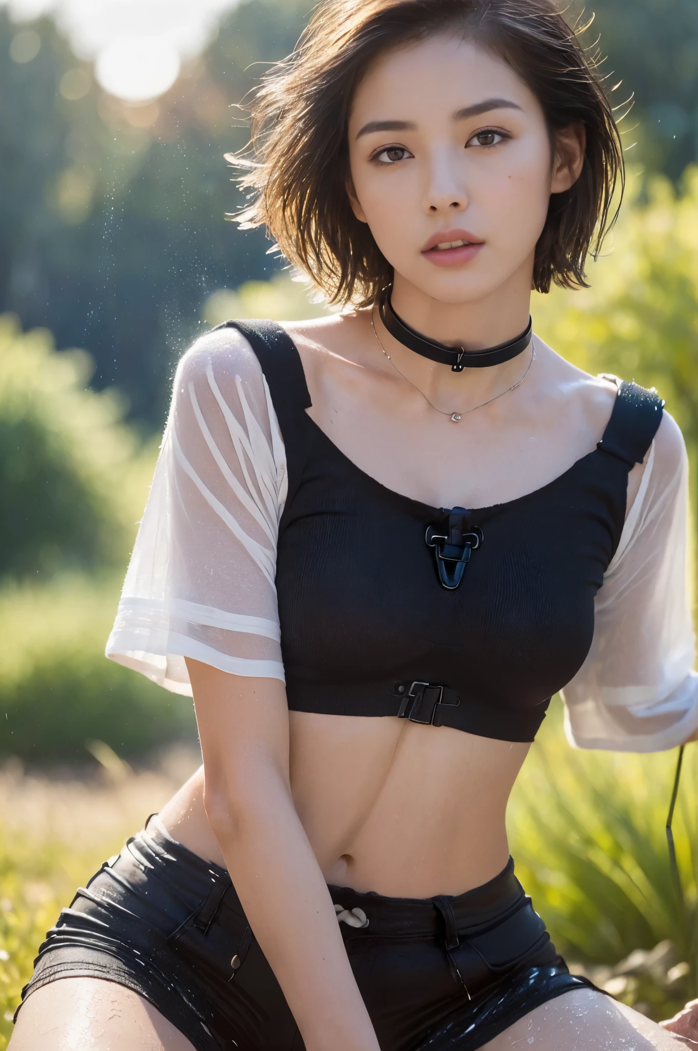 ((top quality、8k、​Masterpiece: 1.Perfect body beauty: 1.4、Slim abs: 1.2、Beautiful woman with slim abs:1.3、(HighlightsHaircutrest B cup:1.2), Medium chest, round breasts, perfect breast shape, ((( Wear a soaked T-shirt, wide collar))) (((Black shoulder straps))), ,high pubic bone,  necklace, Super detailed face、18 years old、 beautiful woman、(dark brown short hair), face slimming、Highly detailed facial and skin textures、very delicate lips、spread legs、top quality、​Masterpiece、ultra high resolution、(Realism:1.4), move forward confidently, long shot , (outdoor), bright background, sunset light,