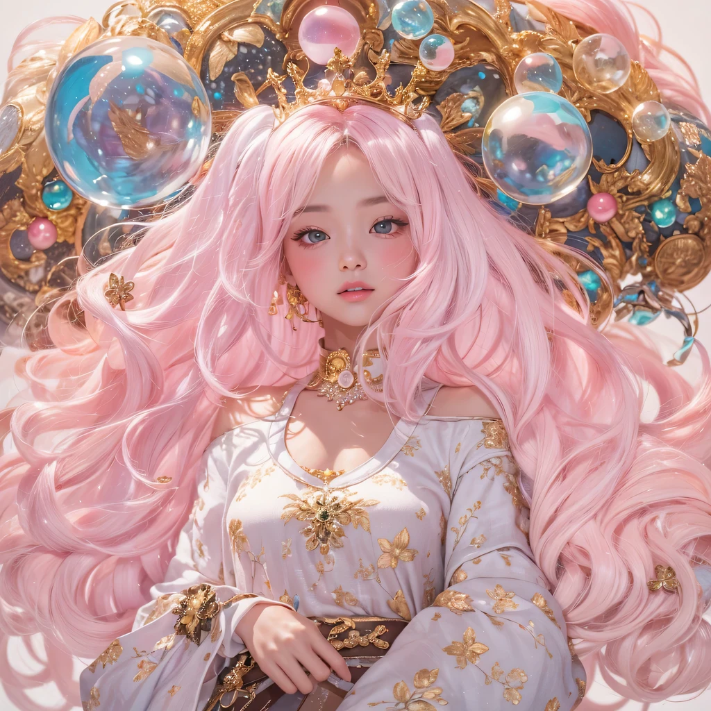 Poached egg series,light pink,enamel,agate,A flesh-colored world,Blood Blue Maiden 32k(masterpiece,HD,Aoyama Pond,Ultra high quality,32k)Bright pink long flowing hair,blood pool,Ziddink, a color,Grumpy (After greeting), (Linen scarf), fighting stance, looking at the ground, light pink长发, Floating bright blue, Fire cloud gold headdress, Chinese long-sleeved gold silk burgundy garment, (Abstract metaverse splash:1.2), White background,Peony flower vitality protector(realistically:1.4),bright purple hair,Smoke on the road,The background is very pure, high resolution, detail, RAW photos, Sharp Re, Nikon D850 film photo by Jefferies Lee 4 Kodak Portra 400 camera F1.6 guns, colorful, Ultra-realistic and vivid textures, dramatic lighting, Unreal Engine Art Station Trend, Sinest 800,A girl with long flowing bright pink hair,巨大的彩色气泡light pink