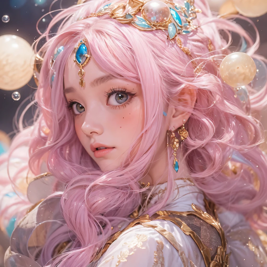 Poached egg series，light pink，enamel，agate，A flesh-colored world，Blood Blue Maiden 32k（masterpiece，HD，Aoyama Pond，Ultra high quality，32k）Bright pink long flowing hair，blood pool，Ziddink， a color，Grumpy （After greeting）， （Linen scarf）， fighting stance， looking at the ground， light pink长发， Floating bright blue， Fire cloud gold headdress， Chinese long-sleeved gold silk burgundy garment， （Abstract metaverse splash：1.2）， White background，Peony flower vitality protector（realistically：1.4），bright purple hair，Smoke on the road，The background is very pure， high resolution， detail， RAW photos， Sharp Re， Nikon D850 film photo by Jefferies Lee 4 Kodak Portra 400 camera F1.6 guns, colorful, Ultra-realistic and vivid textures, dramatic lighting, Unreal Engine Art Station Trend, Sinest 800，A girl with long flowing bright pink hair，巨大的彩色气泡light pink