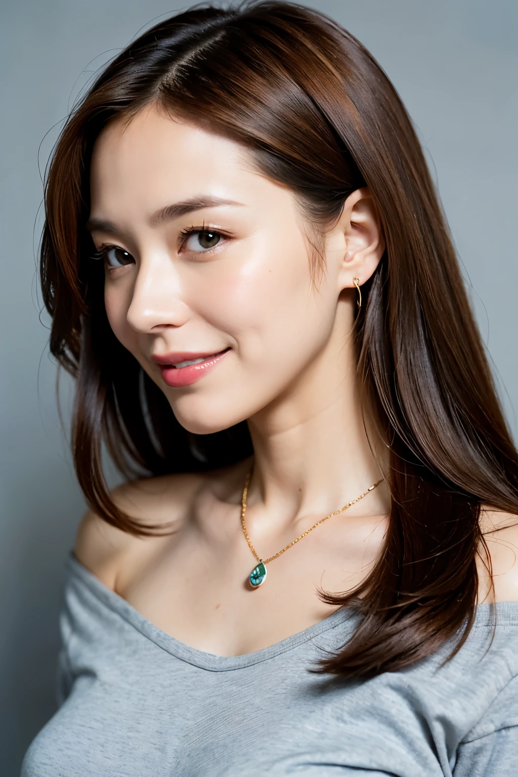 very detailed, disorganized, woman, Happy, smile, medium hair, straight hair, shiny hair, flipped hair, brown hair, Drop Shoulder T-Shirt, necklace, 40 years old, gradient gray background, beautiful, From movie stills, Upper body, Blurry background in focus, 35mm film, looking to the side