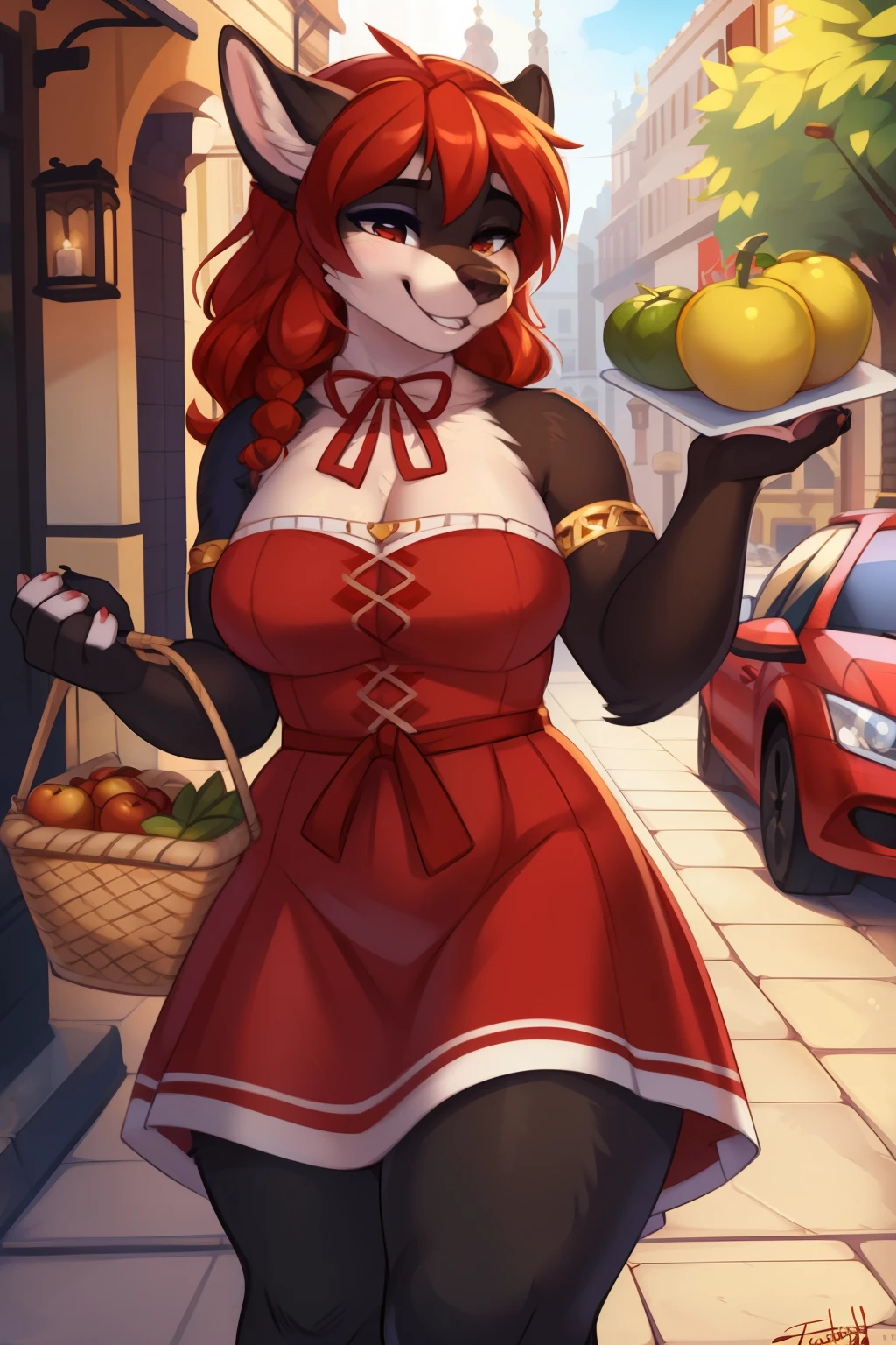 Solo, female, standing, street corner, wearing red dress, shoulder-length curly hair, renda extra money, holding a sign, determined expression, by mystikfox61, by glitter trap boy, by personalami, by seibear, by jaykat, by enro the mutt, by chung0 0, by drake1dragon, by poofroom, by cinnamonroll, by artsyfox, by sparklesprinkles, by Danza, holding basket of fruits, bargaining with customers, smiling and confident.