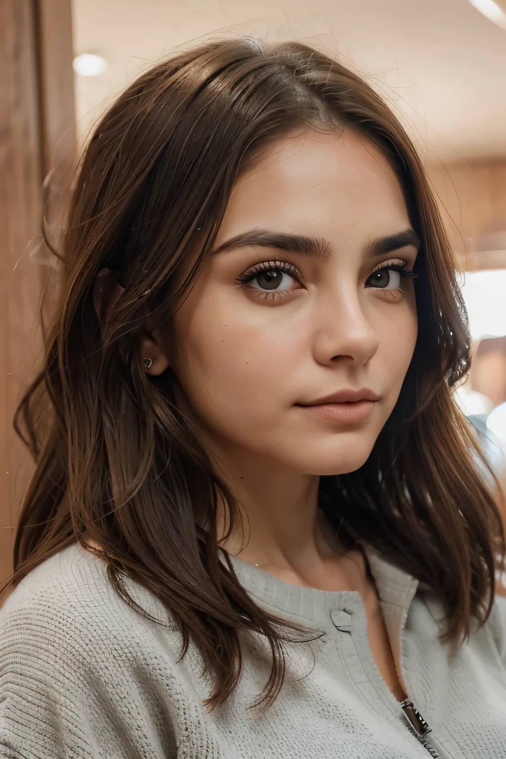 Un primer plano de una mujer con cabello largo y una chaqueta de mezclilla, hermosa cara atractiva, cejas grandes y gruesas y atrevidas, cejas gruesas y tupidas y rectas, hermosos rasgos faciales finos, Cara extremadamente hermosa, piel de oliva perfecta, cara hermosa y atractiva, brown hair and big eyes, cejas espesas y oscuras, rostro y ojos perfectos, cejas grandes, hermosa cara redonda, cejas rectas naturales