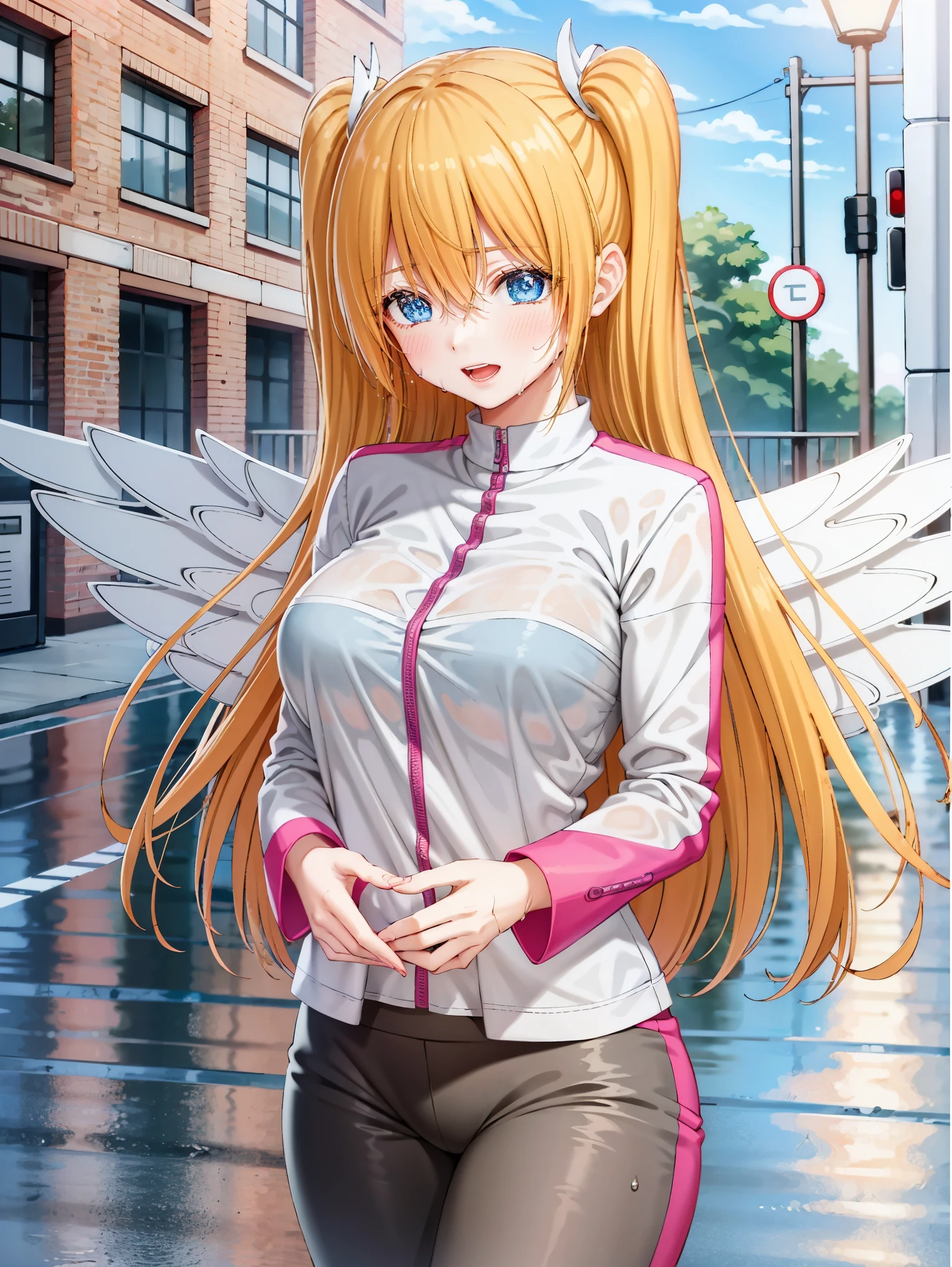 (best quality,highres,masterpiece:1.2),ultra-detailed,1 girl,harmonious finger proportions,depth of field,(close up),perspective,(standing:1.3),blonde hair,(blue eyes),(iridescent eyes:1.3),long hair,twintails,two side up,bangs,hair between eyes,hair ornament,angel wings,wings,feathered wings,breasts,large breasts,detailed face,detailed hair,look up,yoga pants,waring clothes,(wet clothes:1.1),loose wearing,ashame,blush,half closed eyes,wet skin,wet hair,on a street in night city,rainy night,wet street,neon,downtown,falling rain,