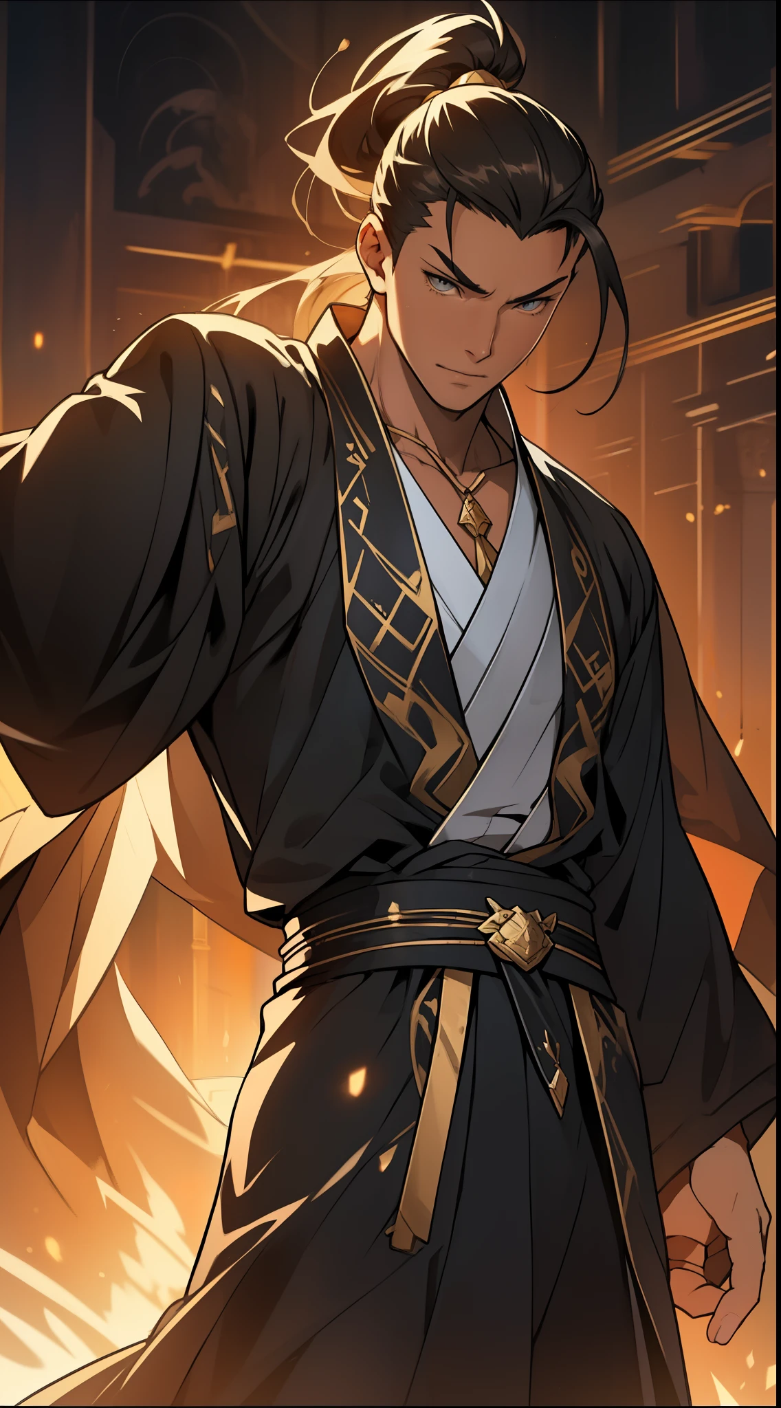 Two dimensions，anime style，one person（male warrior），proportions are correct，facial details，swordsman，high ponytail hairstyle，neck detail，Have an Adam&#39;s apple，Black and gold robe，joke，Black and gold robe，clothing details，Hand over，long sleeves，Game quality，fencing，Ray tracing，Ray tracing，Detailed glow，CG rendering，hair details，Long black and blond hair，Black-gold eyes，Handsome，Handsome，（Youthful feeling），Costumes are complicated，Perfect composition，refine，high quality，higher details，many details，Complex background，a sense of atmosphere，