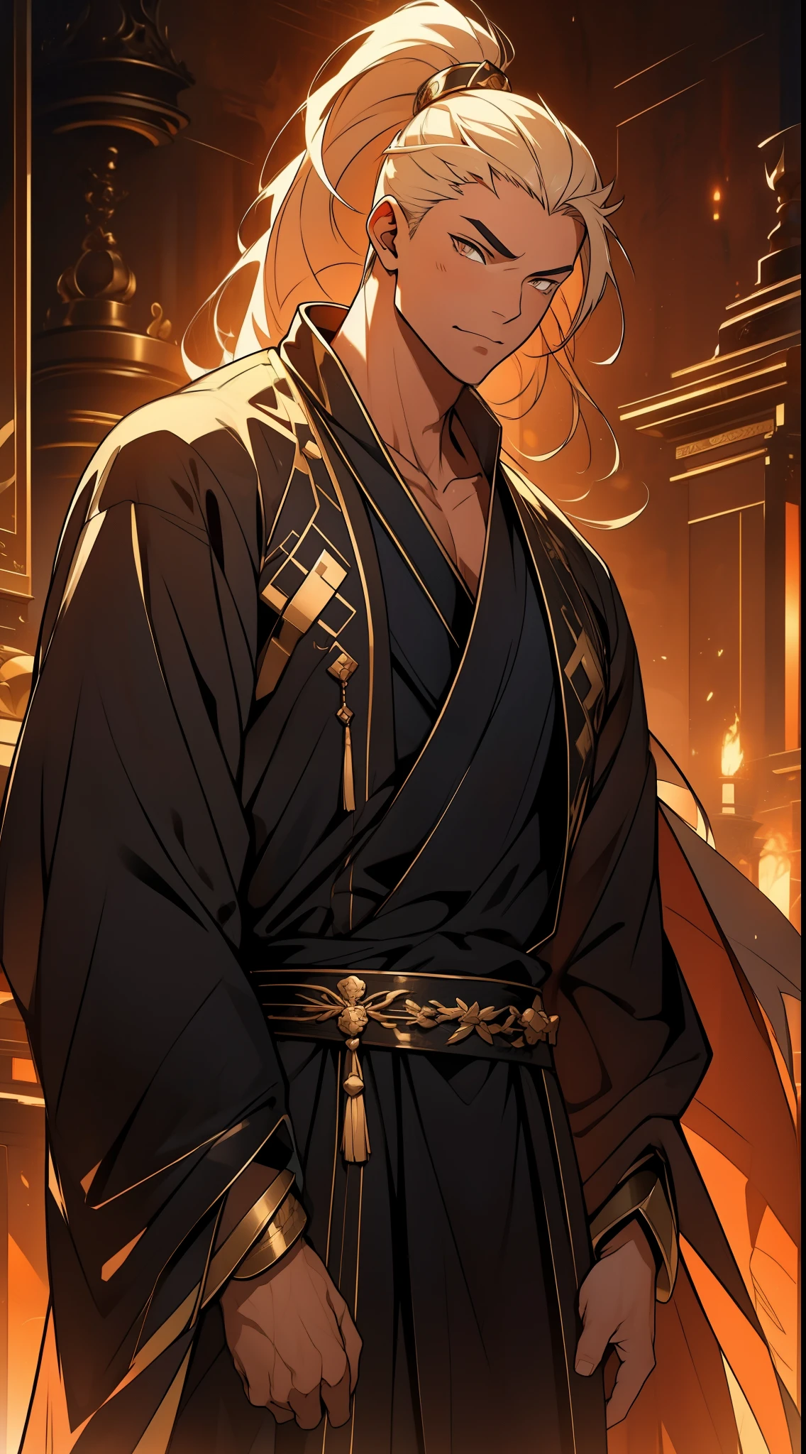 Two dimensions,anime style,one person(male warrior),proportions are correct,facial details,swordsman,high ponytail hairstyle,neck detail,Have an Adam's apple,Black and gold robe,joke,Black and gold robe,clothing details,Hand over,long sleeves,Game quality,fencing,Ray tracing,Ray tracing,Detailed glow,CG rendering,hair details,Long black and blond hair,Black-gold eyes,Handsome,Handsome,(Youthful feeling),Costumes are complicated,Perfect composition,refine,high quality,higher details,many details,Complex background,a sense of atmosphere,