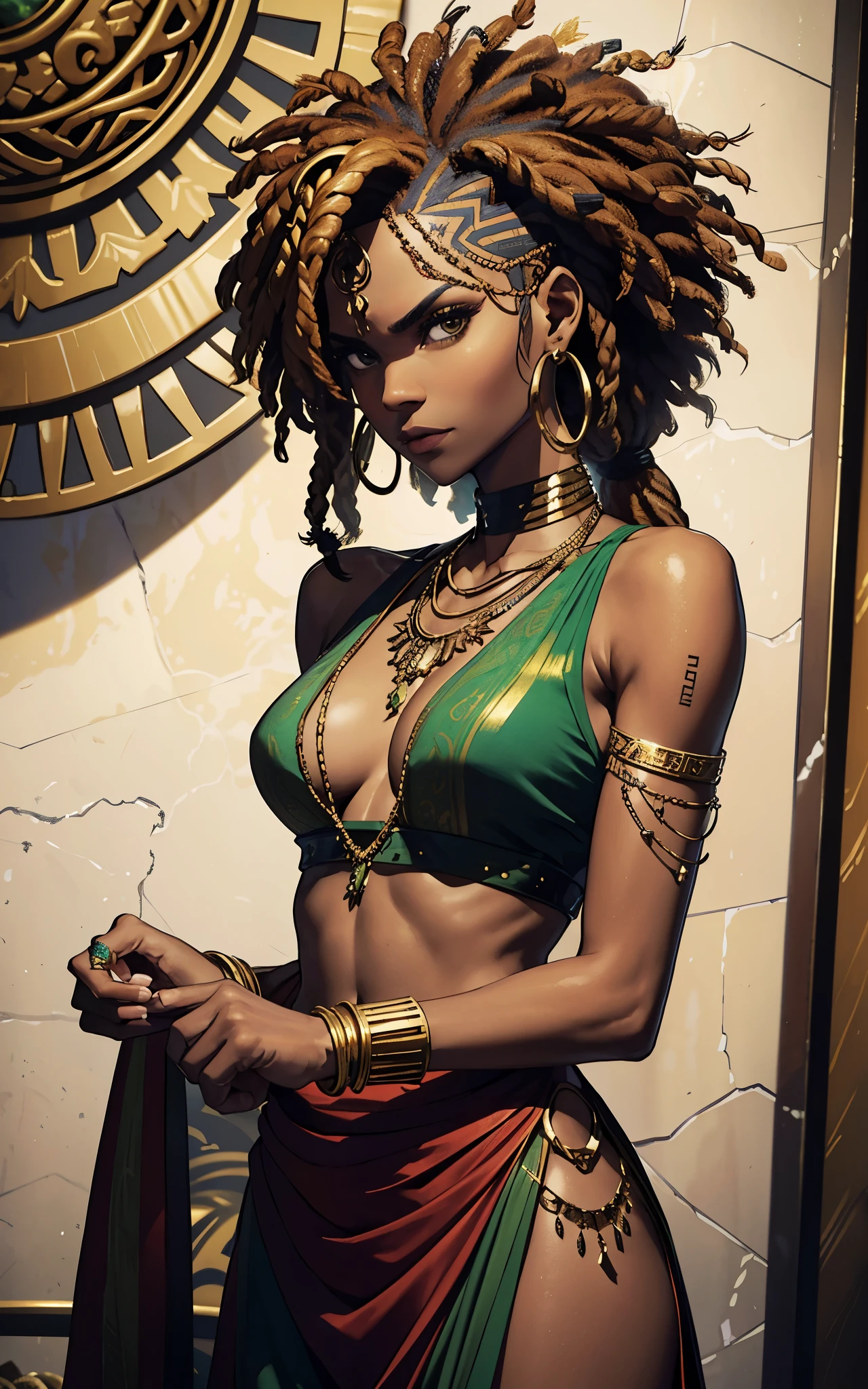 (Zendaya:Halle Berry) dressed like a nigerian chaman, red green and yellow sleeveless tunic, (high top fade haircut and dreads) tribal tattoo in the face, (golden rings necklace), Lovecraft atmosphere, masterpiece, hyperdetailed