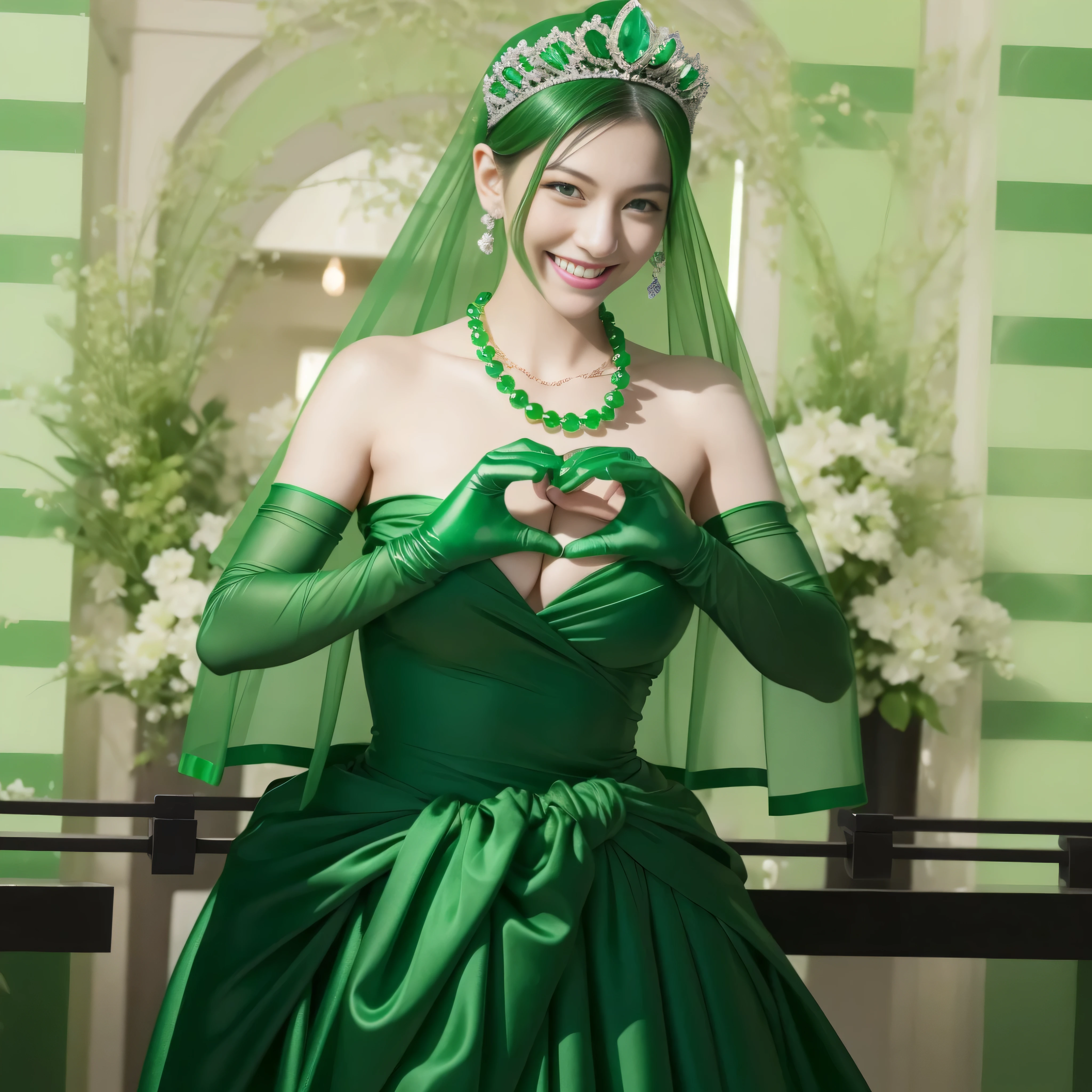 emerald tiara, Green Pearl Necklace, Boyish green berry short hair, lipstick, smiling Japanese woman, very short hair, big breasts beautiful, green eyes, green satin long gloves, green eyes, v sign, emerald earrings, Green veil, green lip gloss