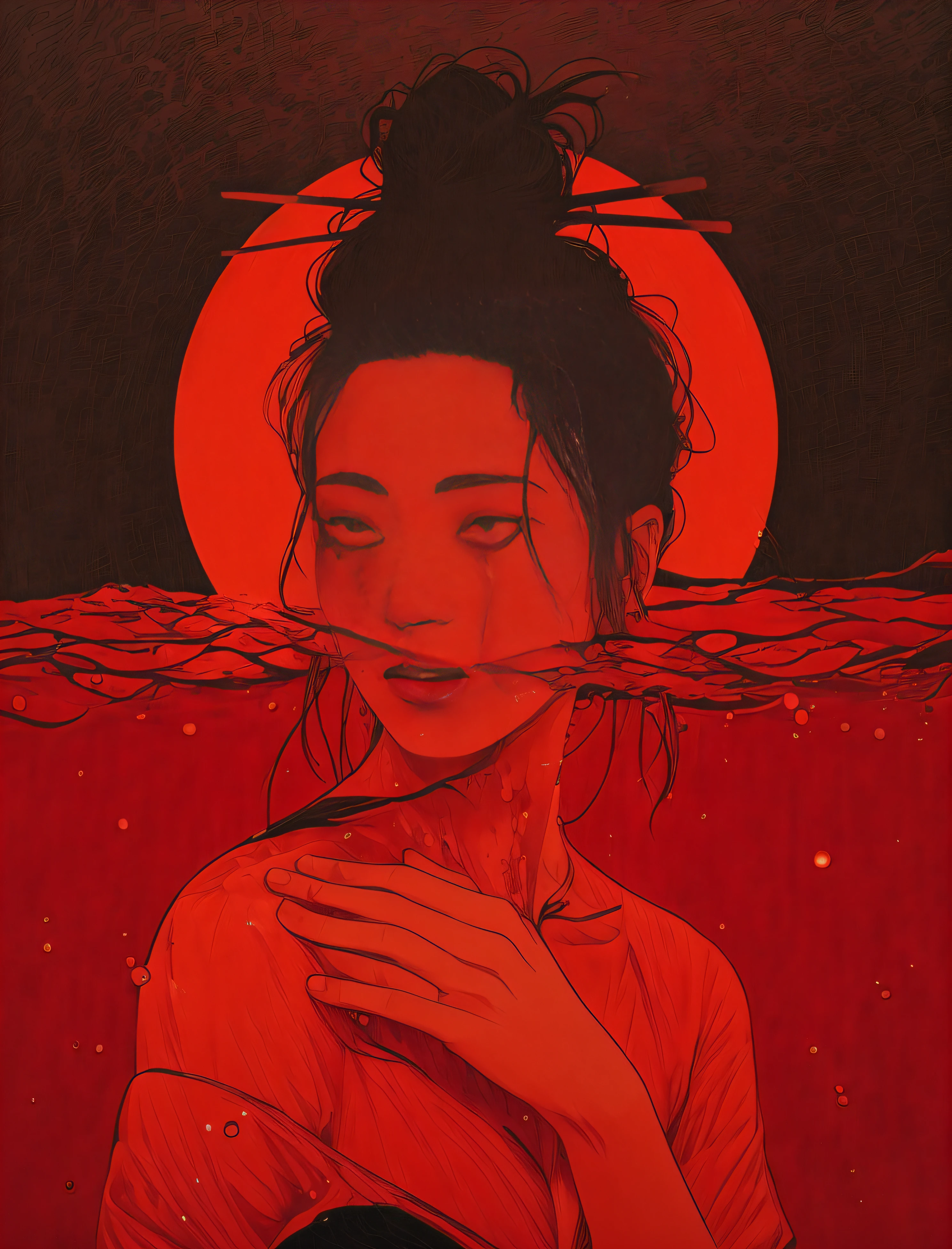 a woman with blood on her face standing in the water, inspired by Itō Shinsui, red water, red tears, blood in the seahighly, inspired by Takato Yamamoto, standing in a pool of blood, some red water, watery red eyes, artistic. alena aenami, aenami alena, laurie greasley and james jean