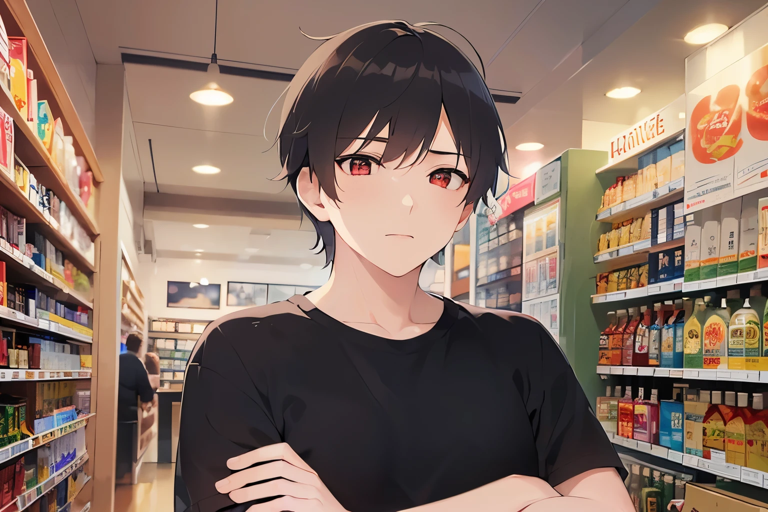 arms crossed behind head, masterpiece、highest quality、(25 year old male:1.5) and (brown short hair) and (red eyes), (Wearing a plain black T-shirt:1.5)、confused look、The background is the interior of a liquor store.、(Alone:1.5)