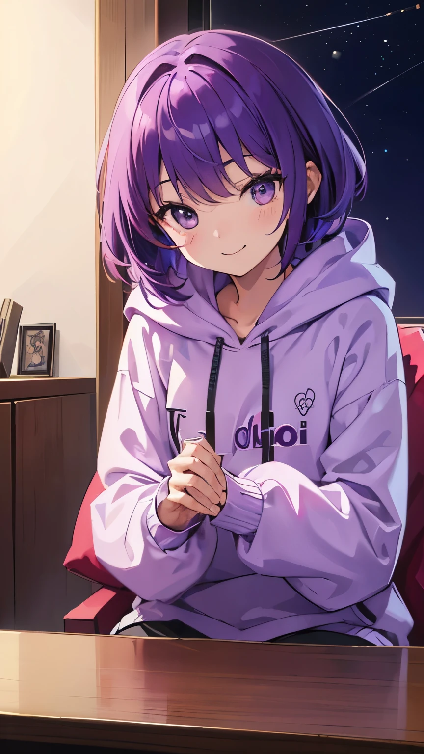 (T Masterpiece，4k wallpaper，best quality))、((girl１people))、(solo)、Shining and vivid，(purple hair)、(shortcut:1.3)、smile、Bedroom、night、hoodie