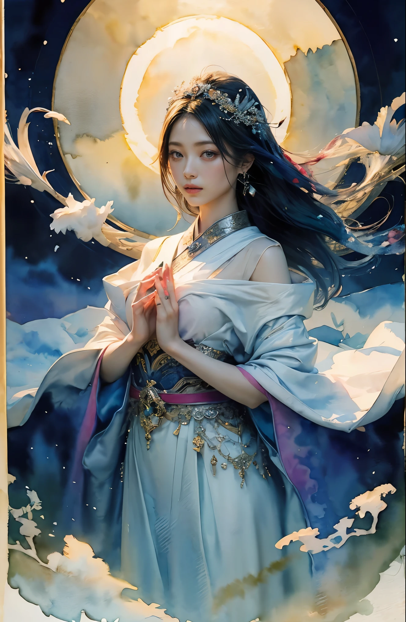 (table top, highest qualityの, highest quality, official art, (beautiful and aesthetic:1.4), (watercolor painting:1.4) ),  (Izanami 1.5), goddess of Japanese mythology, dignified beauty, goddess of creation、goddess of life、generally、((((generally))))、reincarnation support, God&#39;s grace, calm and meditative expression, flowing heavenly garments, shine、created all the landscapes and worlds on earth, dazzling light dance, whispers of ancient legend