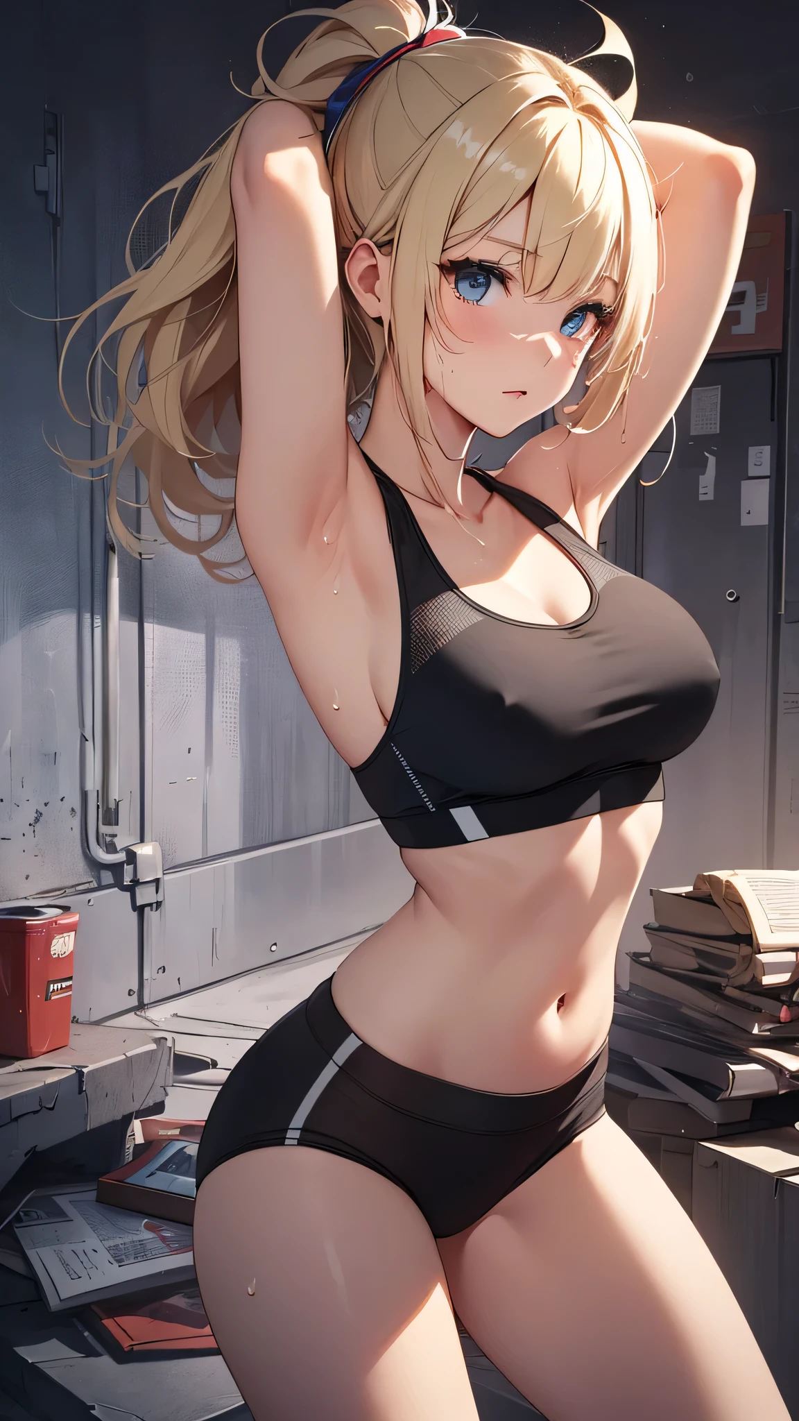 最high quality、best image quality、masterpiece、age girl((20-year-old、 By becoming、vest bust、medium bust,wide open breast tea、black eye, blonde hair、long hair、thin,highest valley、blue sports bra、Blue sports pants、stretch pose、sweating、scattering of sweat)),high quality、beautiful art、background((black room))debris flies、Depth of written boundary、movie、visual art、perfect art、8k,genuine、