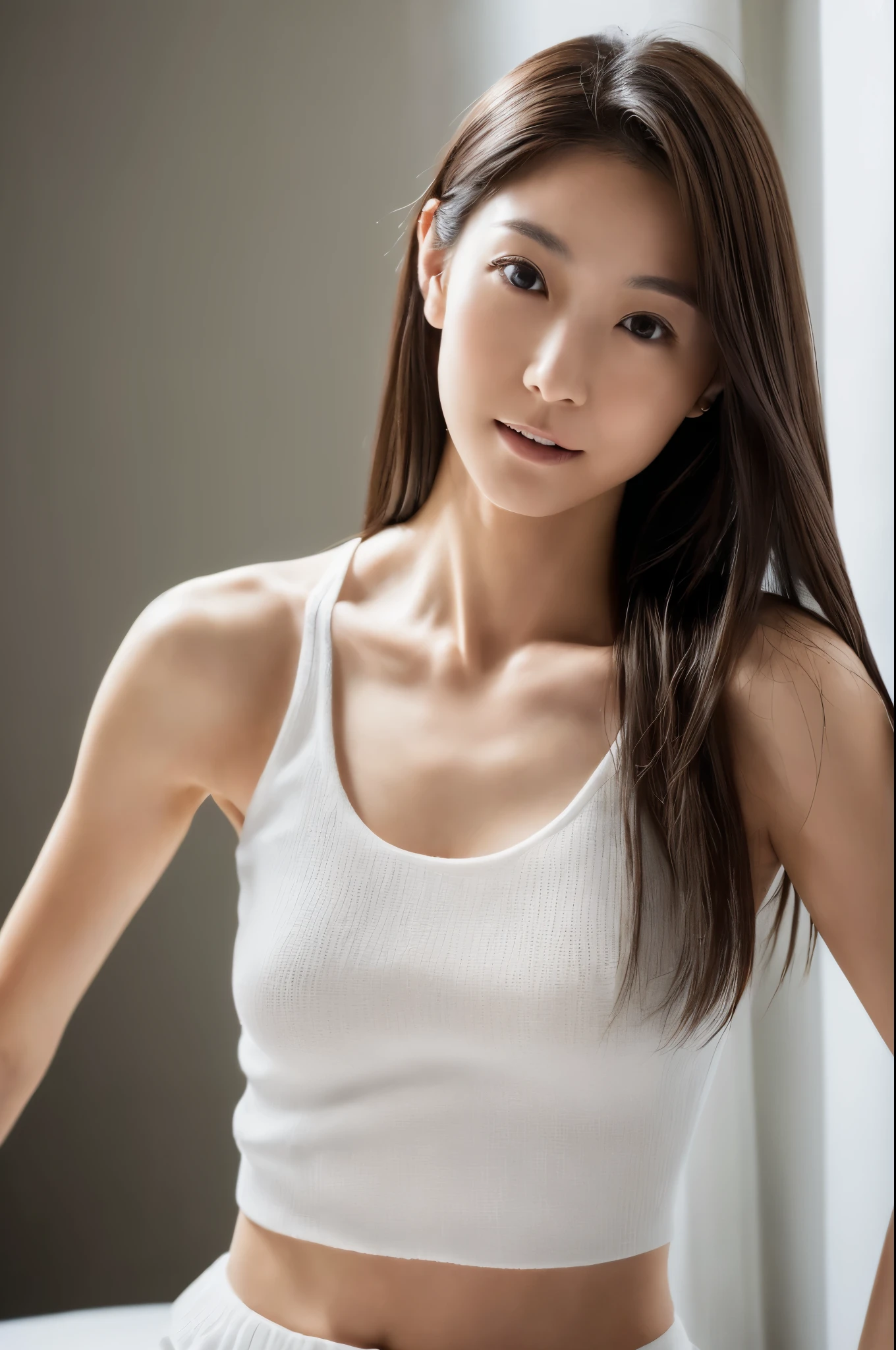 ((top-quality, 8K, masterpiece: 1.3)), Perfect Body Beauty: 1.4, Beautiful Japanese woman with slender abs:1.3, 30 years old, medium breasts, very thin waist, ((white tanktop)), hyper detailed face, (Dark brown long hair), Slim Face, Highly detailed texture, (Photorealsitic:1.4), upper-body photo