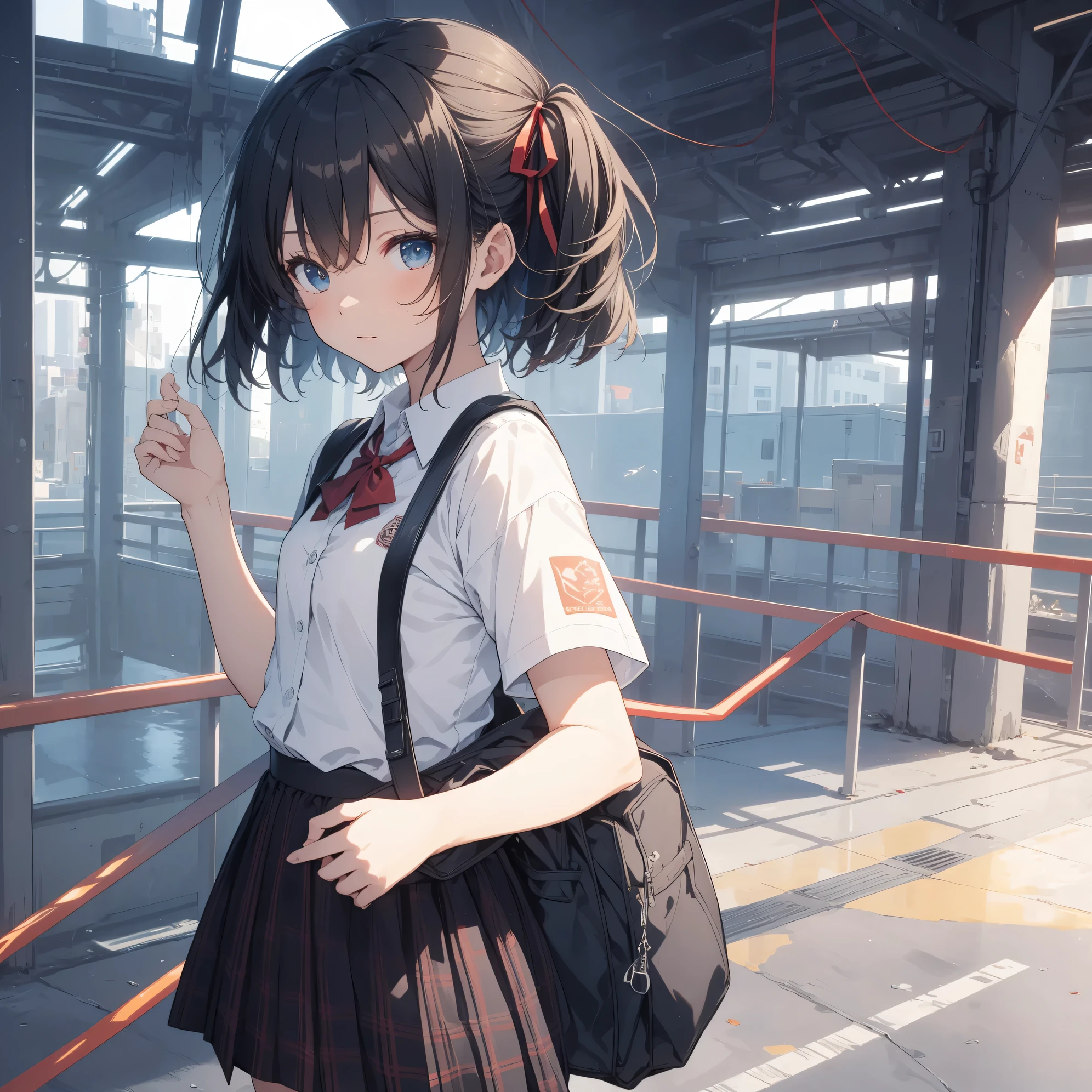 Ultra-highest quality by the art god, super detailed, High resolution, anime moe art style, Best Anime 8K Kona-chan Wallpaper, pixiv contest winner, perfect anatomy, break,(眠そうにalone学校へ行く女の子を描いてください. )break, 1 girl, (alone,little woman, , 13 years old:1.3),All limbs, full finger,, The charm of an immature body, (very short hair,boyish hair), flat chest, small ass, between legs, small black eyes, detailed and beautiful eyes, Well-proportioned iris and pupils, expressive eyes, High resolutionの詳細な髪, ribbon, skirt, collared shirt, Ascot, pleated skirt, school uniform, shirt, white shirt, school bag,(detailed lighting), (detailed background), On the way to school. break,super dense skin, Best lighting by famous artists, 8k, cute illustration,Hmm, rough skin