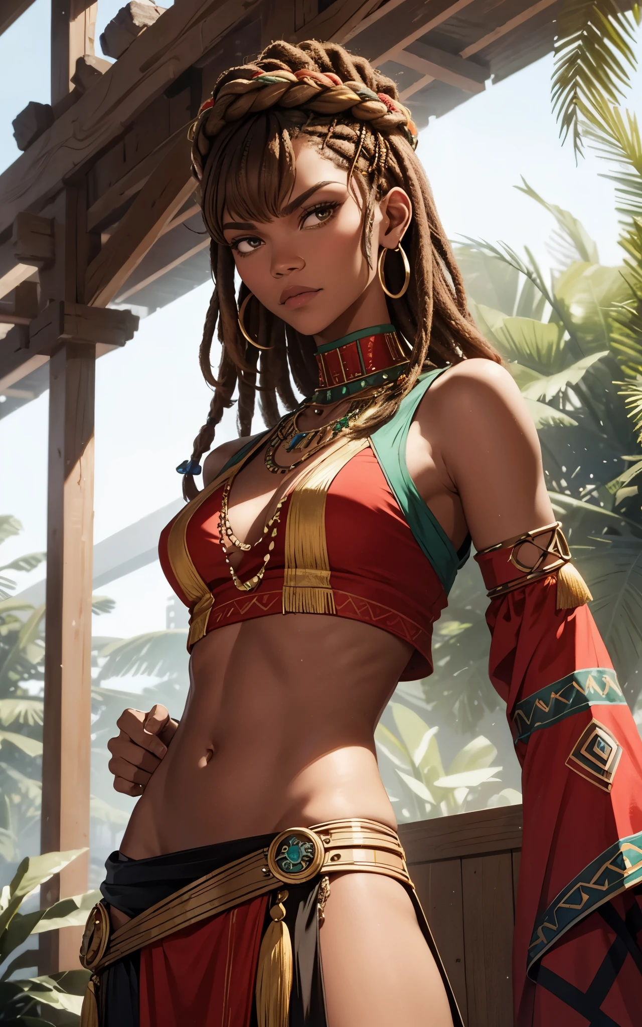 (Zendaya:Halle Berry) dressed like a nigerian chaman, red green and yellow sleeveless tunic, (high top fade haircut and dreads) tribal tattoo in the face, (golden rings necklace), Lovecraft atmosphere, masterpiece, hyperdetailed