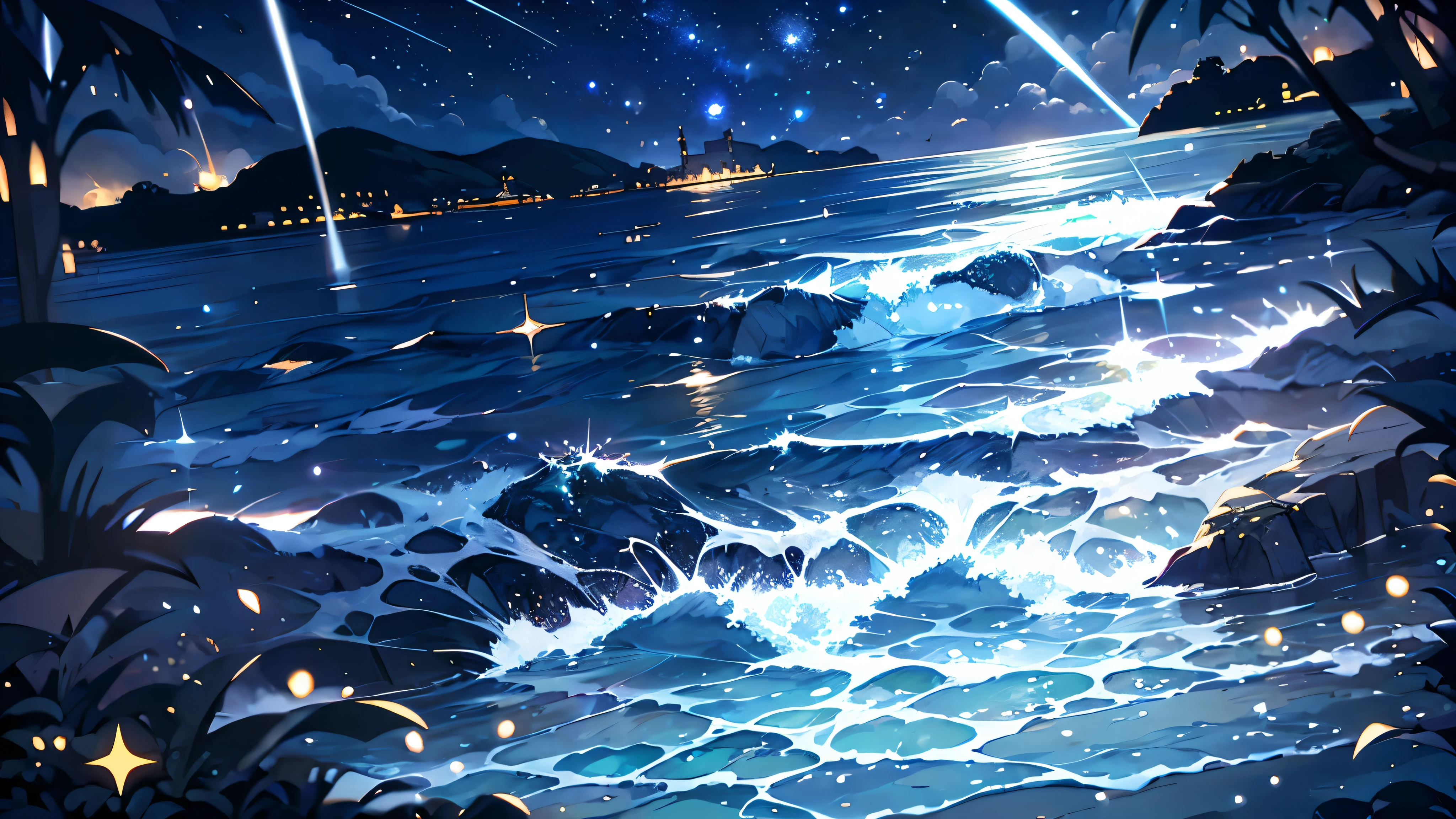 １girl,background,beautiful anime,seaside,full of stars,Staring at the stars,a little rocky place,light wind,France, big shining star３One,night, shooting star,moonlight,water surface of the moon,hand drawn illustration
