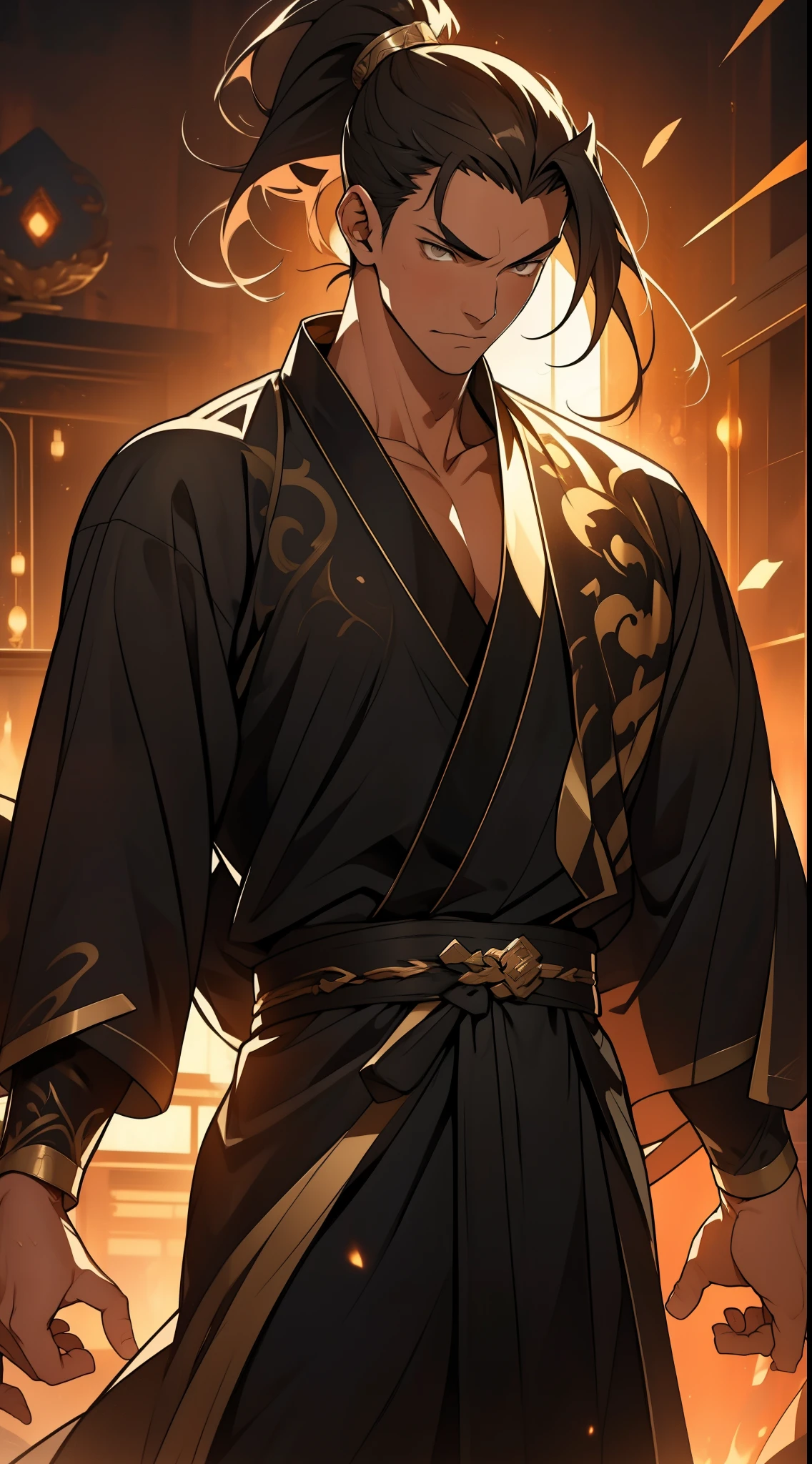Two dimensions，anime style，one person（male warrior），proportions are correct，facial details，swordsman，high ponytail hairstyle，neck detail，Have an Adam&#39;s apple，Black and gold robe，joke，Black and gold robe，clothing details，Hand over，long sleeves，Game quality，fencing，Ray tracing，Ray tracing，Detailed glow，CG rendering，hair details，Long black and blond hair，Black-gold eyes，Handsome，Handsome，（Youthful feeling），Costumes are complicated，Perfect composition，refine，high quality，higher details，many details，Complex background，a sense of atmosphere，