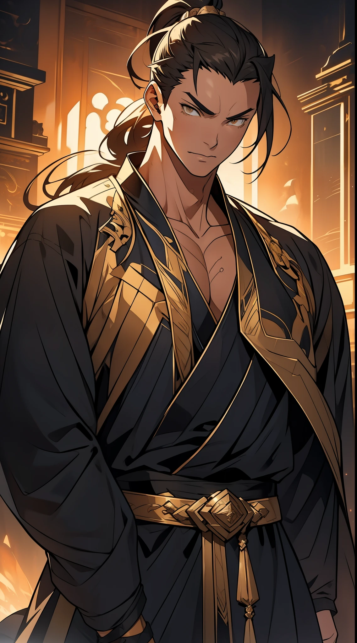 Two dimensions,anime style,one person(male warrior),proportions are correct,facial details,swordsman,high ponytail hairstyle,neck detail,Have an Adam's apple,Black and gold robe,joke,Black and gold robe,clothing details,Hand over,long sleeves,Game quality,fencing,Ray tracing,Ray tracing,Detailed glow,CG rendering,hair details,Long black and blond hair,Black-gold eyes,Handsome,Handsome,(Youthful feeling),Costumes are complicated,Perfect composition,refine,high quality,higher details,many details,Complex background,a sense of atmosphere,
