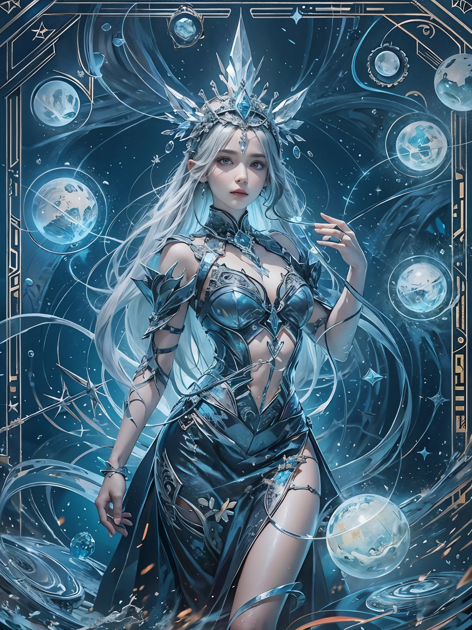 (Game King Card:1.5, rotational symmetry),Stephen Gammell,minimalist compositions,ocean waves,Female magician,Exquisite crystal headdress, exquisite crystal armor,Electroluminescent Wire,Dreamy Glow,conceptual digital art, Azure blue and gray,(Very detailed, reasonable design, Clear lines, High sharpness,best quality, masterpiece, 4K ),high res