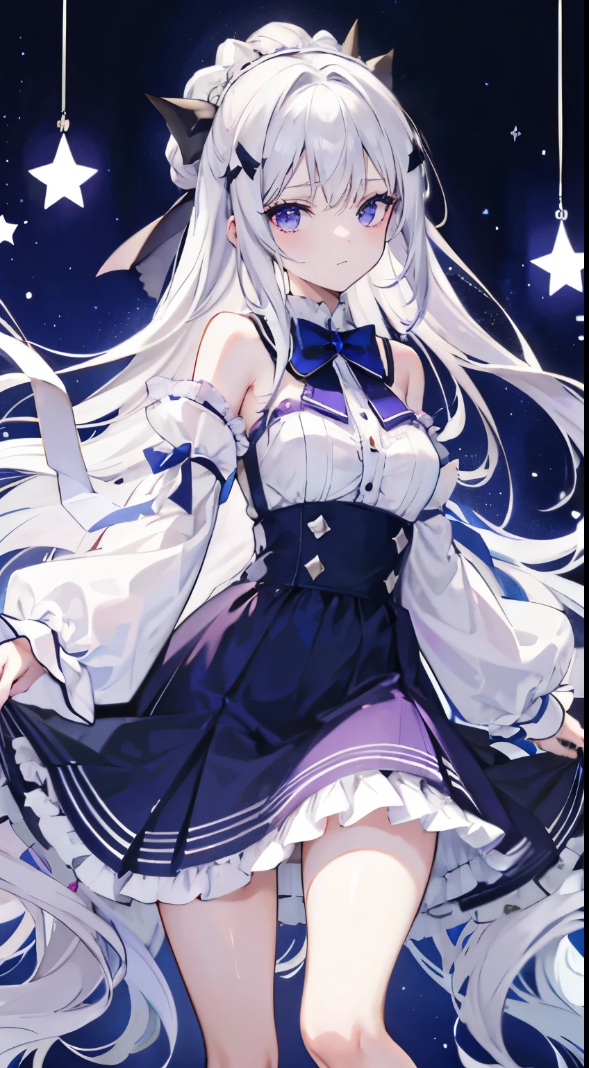 long silvery white hair and waist，scattered hair curtain，2 hair curtains，dark purple eyes，highlight，beloved student，gorgeous turn，like dancing，dark blue sailor dress off shoulder dress，Her skirt fluttered as she turned.，white bloomers show some，light blue bow tie，crystal hairpin，under the starry sky，，Chiquita，medium meat，