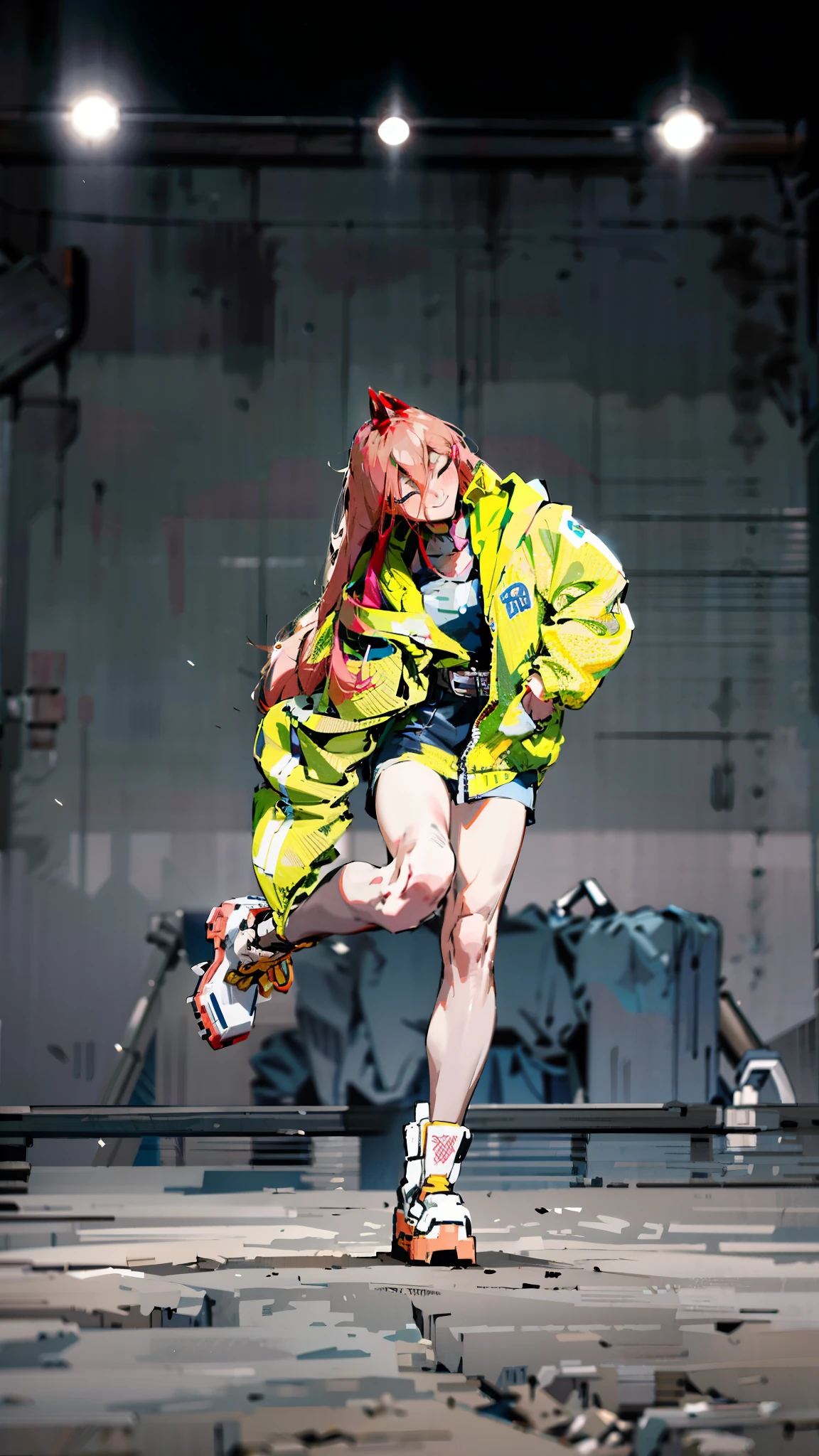Masterpiece, anime, anime style, Highly detailed, Best quality, 超高分辨率, 1girll, Horns, Long hair, view the viewer, Medium breasts, Outdoor, power (Chainsaw man), No shoulder strap, Smile, bent over, day, Off-the-shoulder, random shirt, Cowboy shot, partly_Unbuttoned, blue cotton jacket,