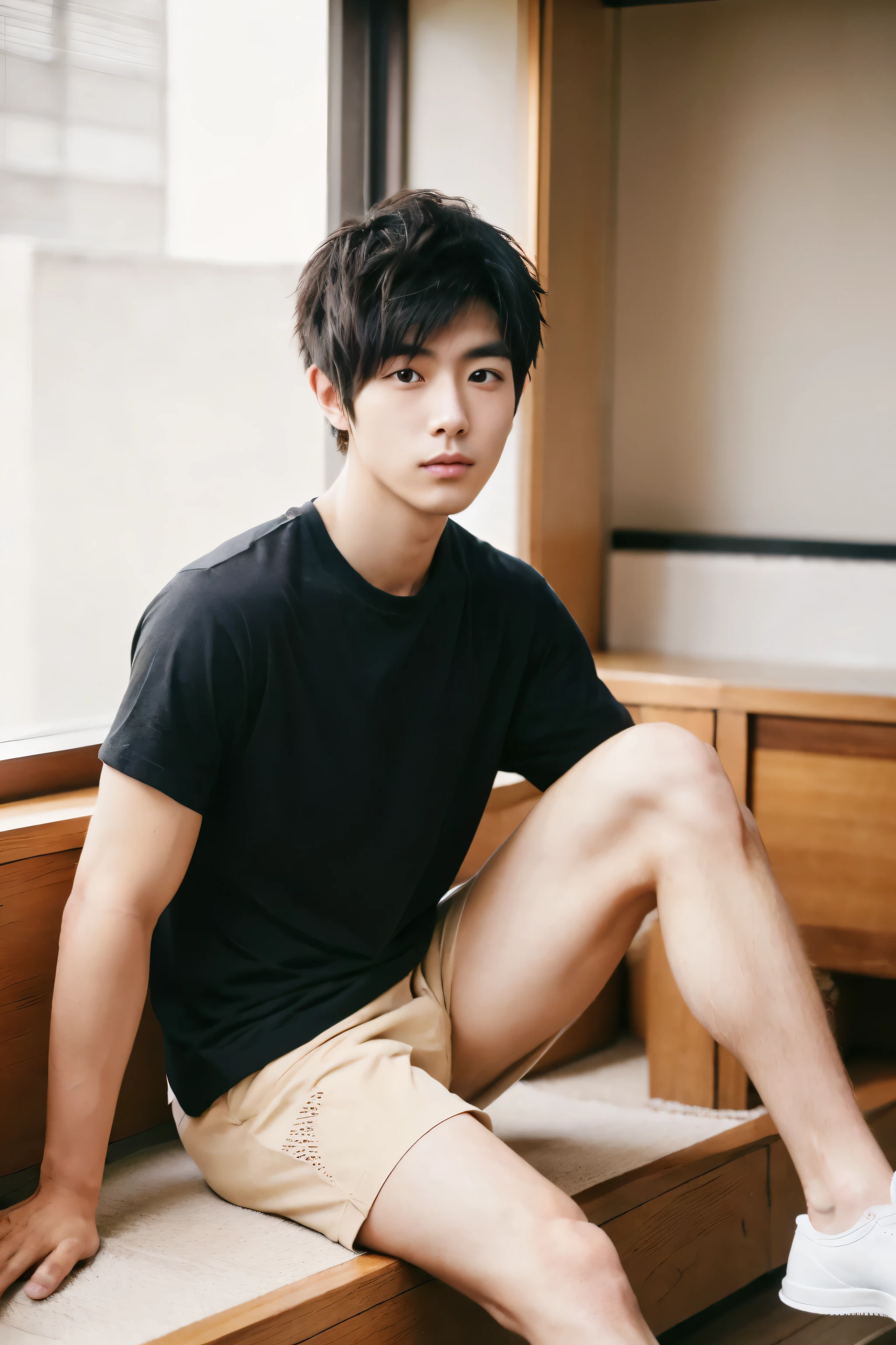 (super sharp focus), (hairy legs), hairy legs, toned legs, whole body, two block, messy short hair, long legs, 27 year old Japanese male, wearing beige shorts, wearing a black T-shirt, very short hair, black hair