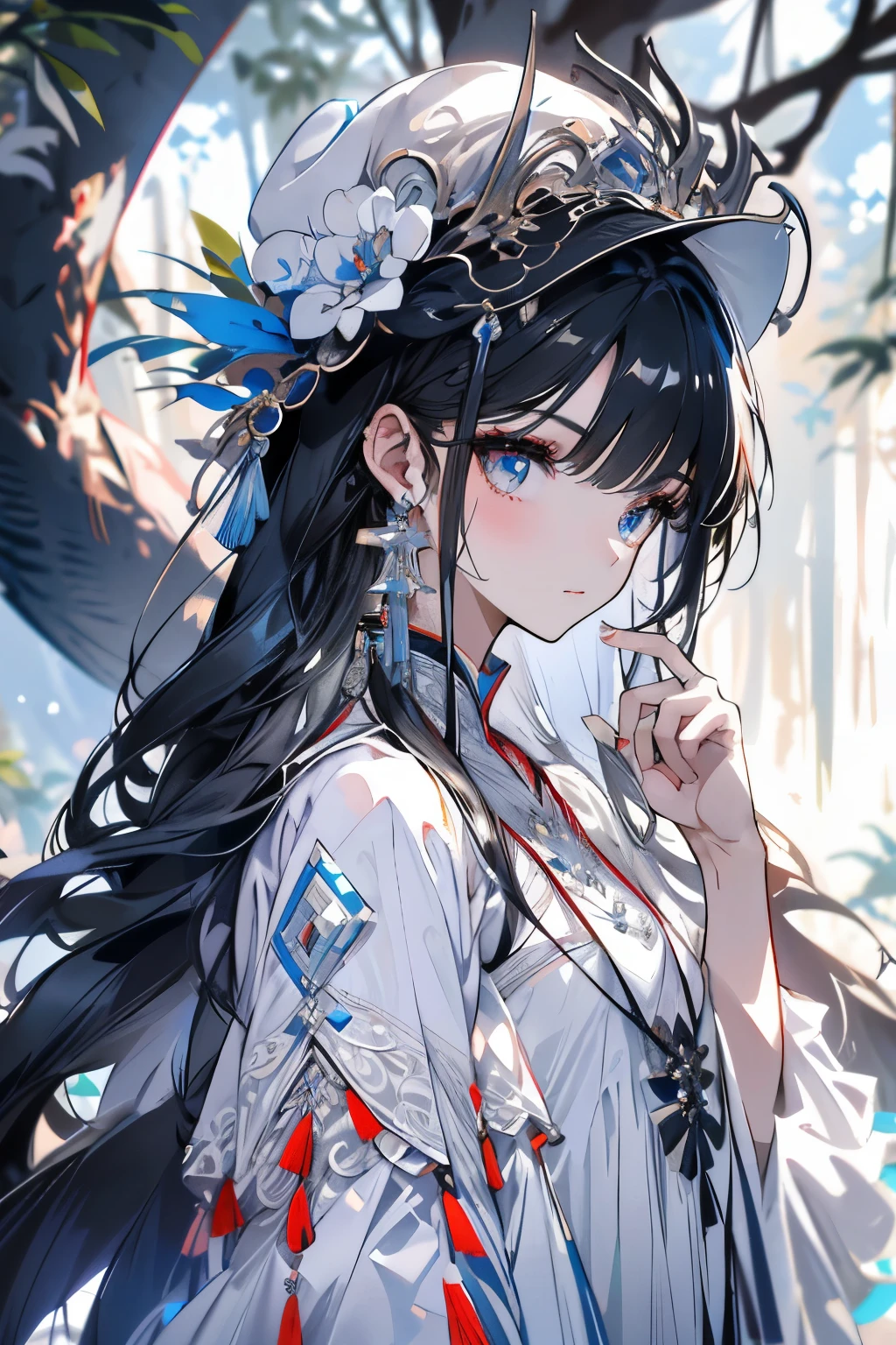 exquisite features，A girl wearing a western-style white wedding dress，glazed eyes，Delicate hat and silver earrings，long black hair，Xiaoxue，tree branch，forest backglue，adorable、with black dragon