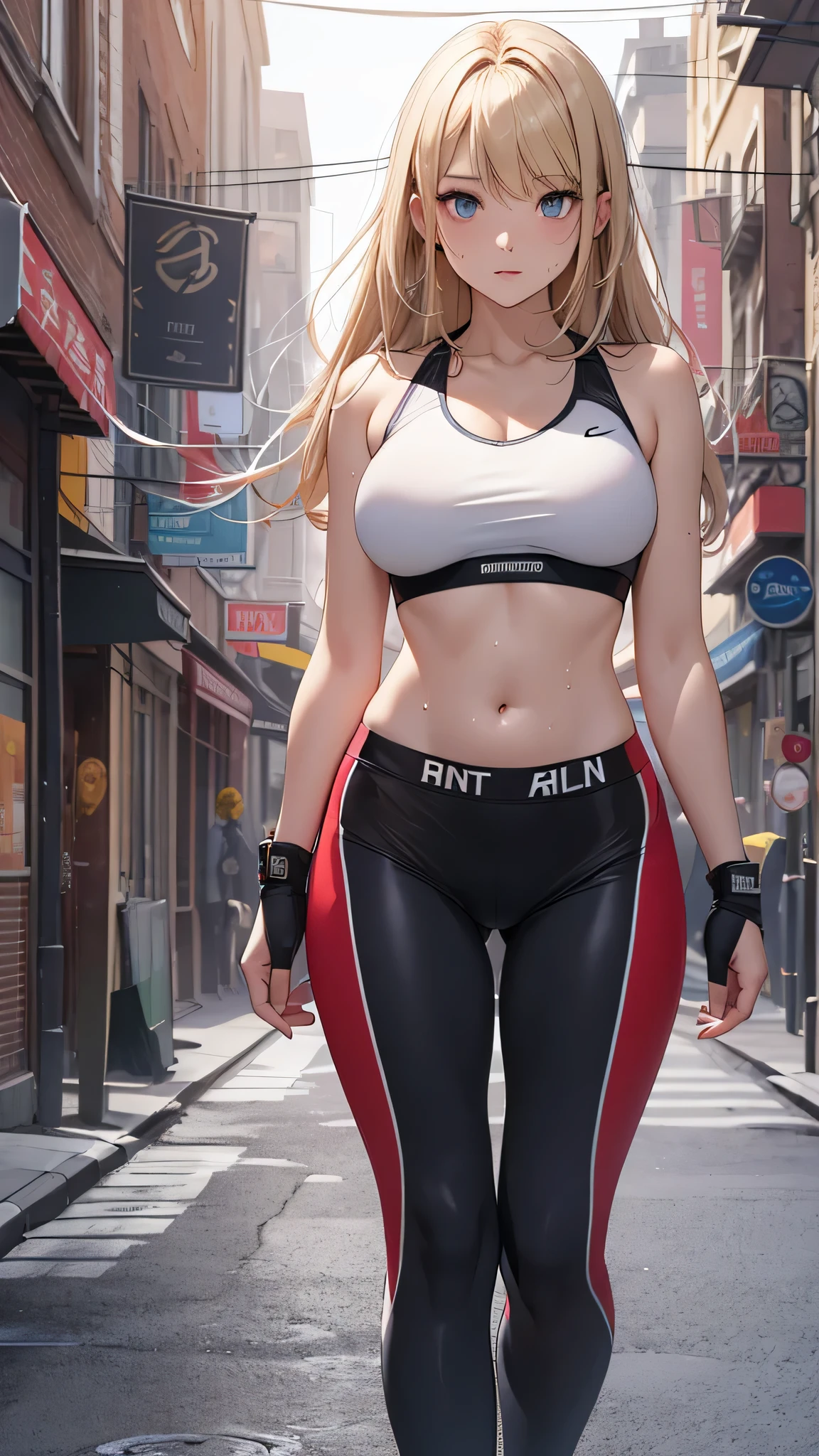 最high quality、best image quality、masterpiece、age girl((20-year-old、 By becoming、vest bust、medium bust,wide open breast tea、black eye, blonde hair、long hair、thin,highest valley、blue sports bra、Blue sports pants、parkour、sweating、scattering of sweat)),high quality、beautiful art、background((Bright city))debris flies、Depth of written boundary、movie、visual art、perfect art、8k,genuine、