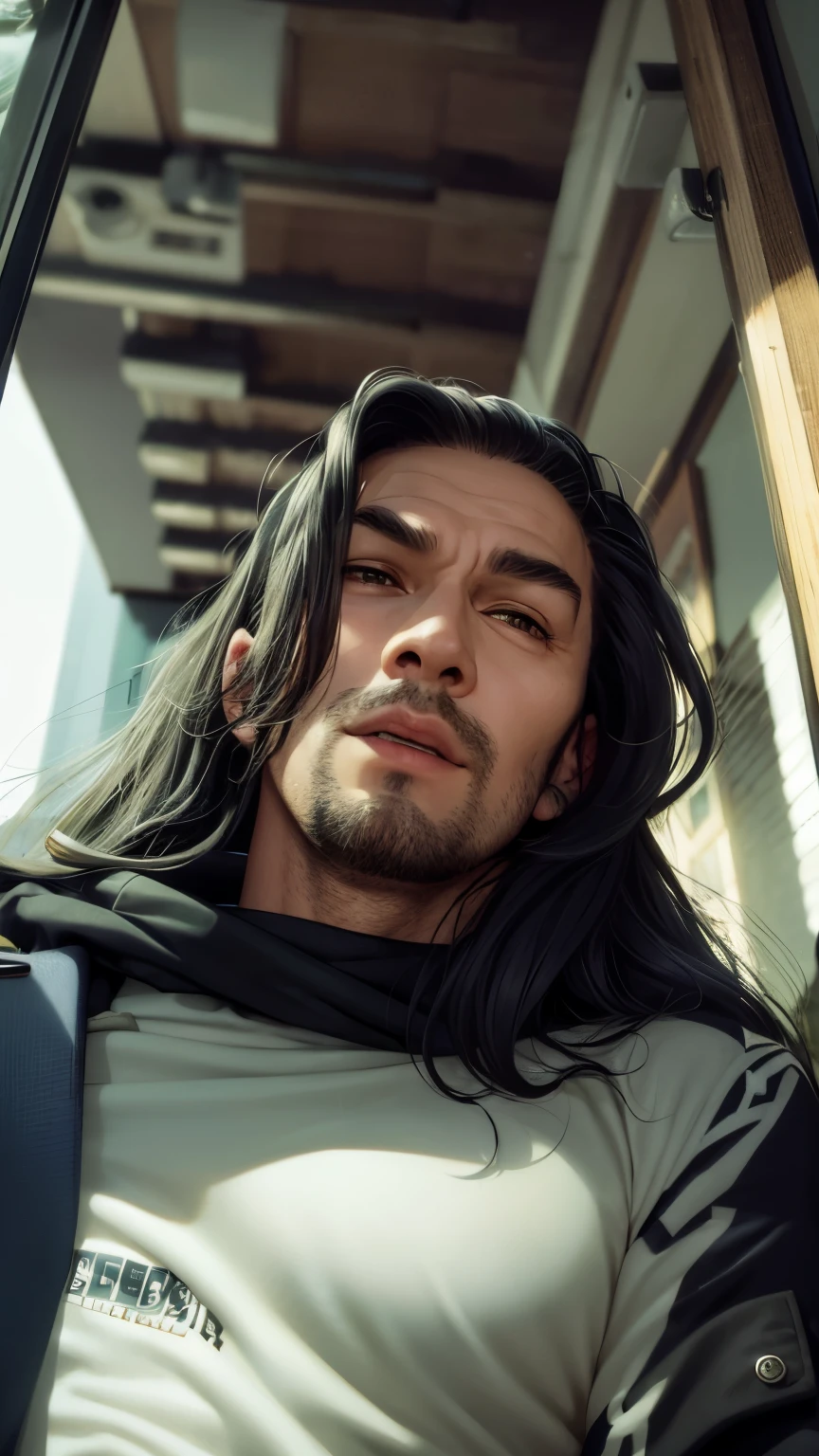 there is a man that is sitting in a window sill, with long hair, portrait at a window, GTA style 