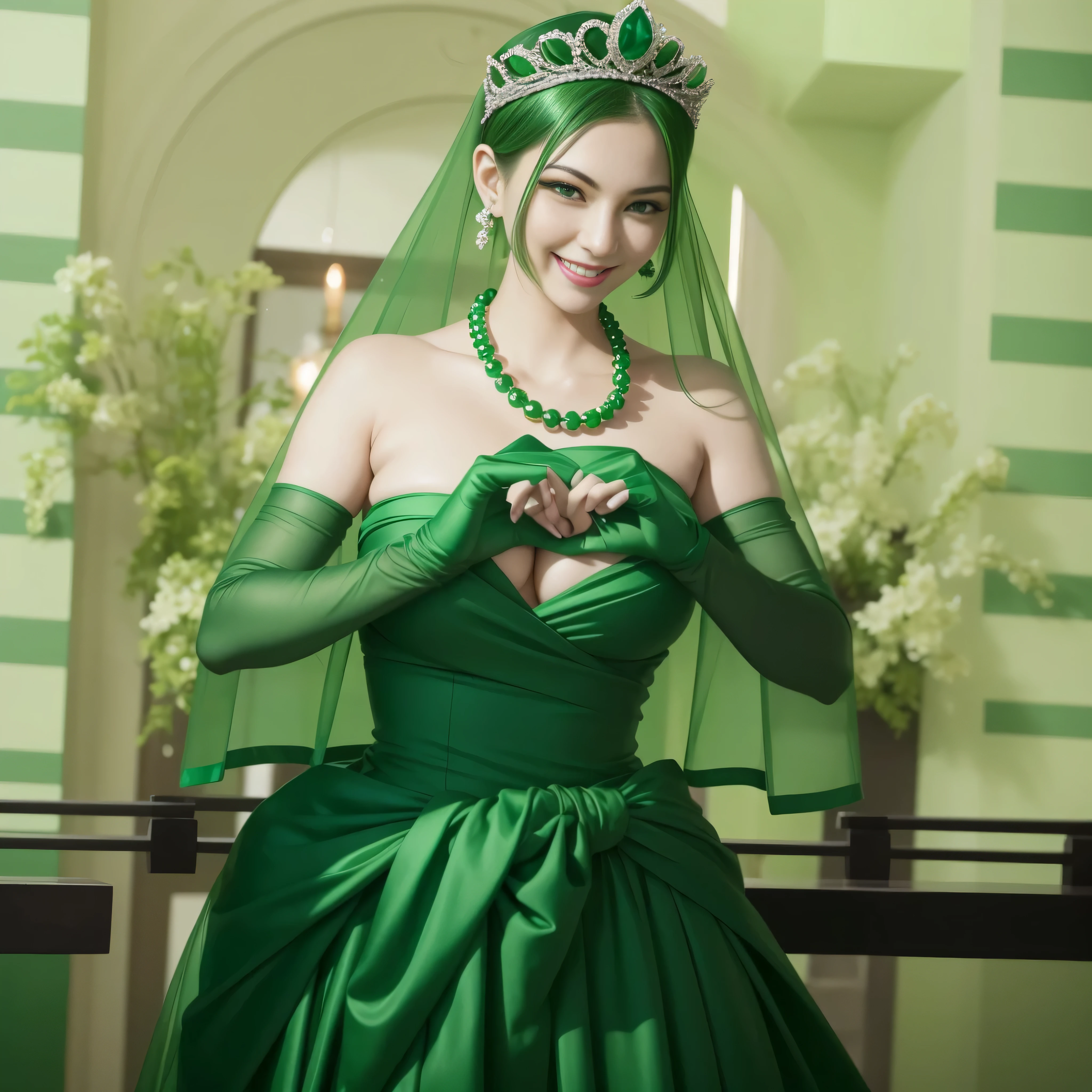 emerald tiara, Green Pearl Necklace, Boyish green berry short hair, lipstick, smiling Japanese woman, very short hair, big breasts beautiful, green eyes, green satin long gloves, green eyes, v sign, emerald earrings, Green veil, green lip gloss