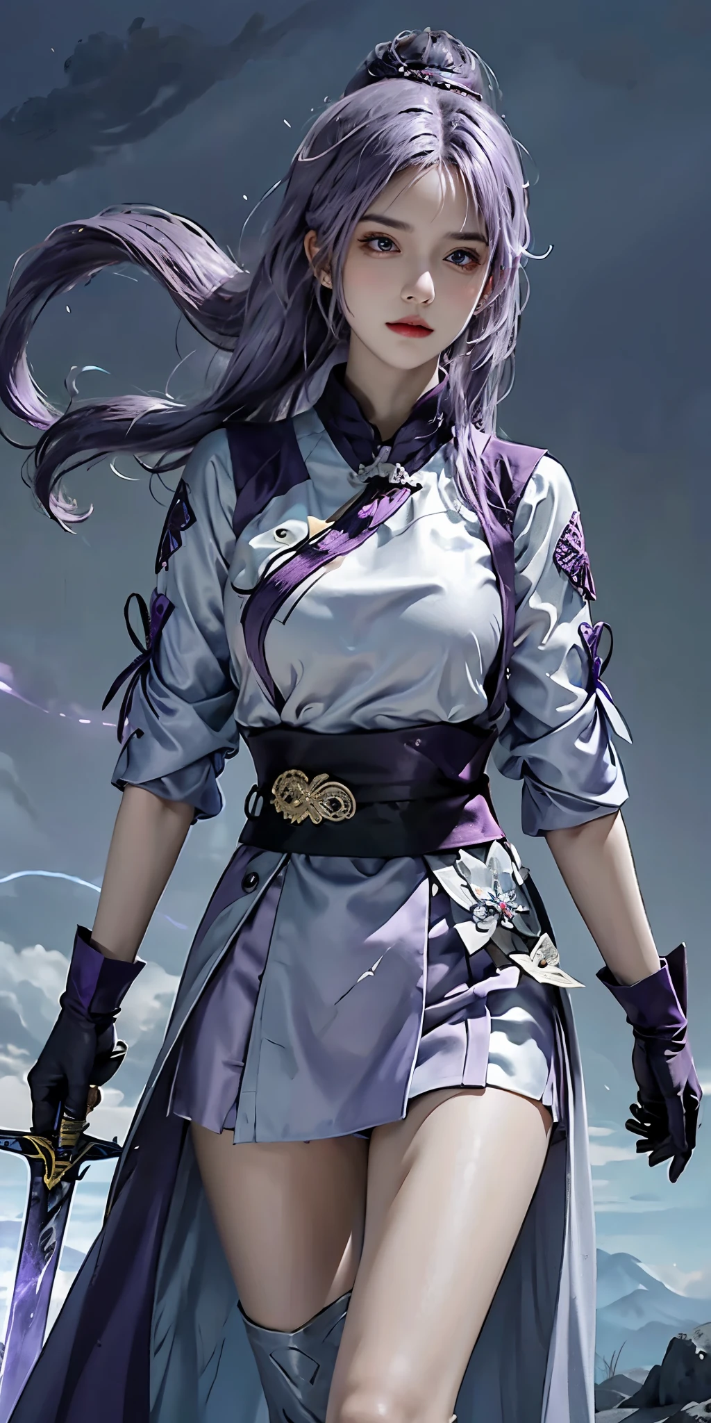 (frown, Keep your mouth shut), Guest Secretary_\(Genshin_Influence\), purple_Eye, purple hair, Double tail, sharp Eye, serious face, Gloves, holding sword in hand, Lightning sword, purple lightning