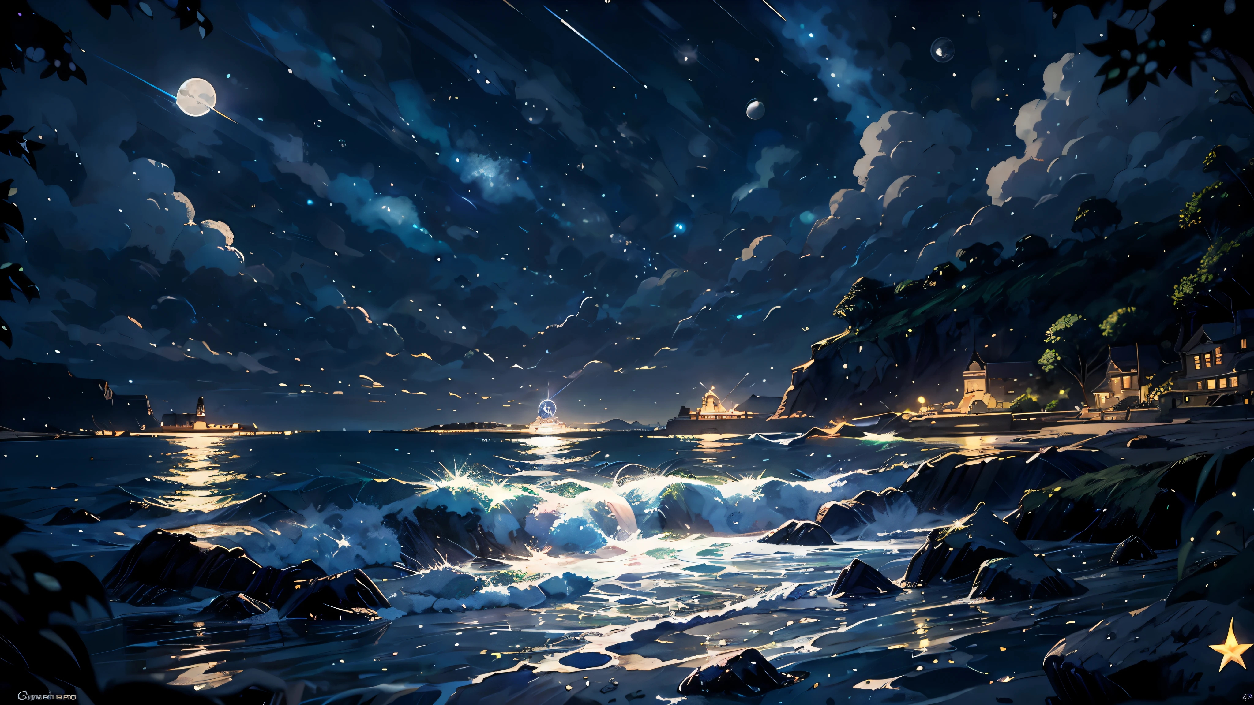 girl,beautiful anime,seaside,full of stars,Staring at the stars,a little rocky place,light wind,France, big shining star3One,night, shooting star,moonlight,water surface of the moon,hand drawn illustration