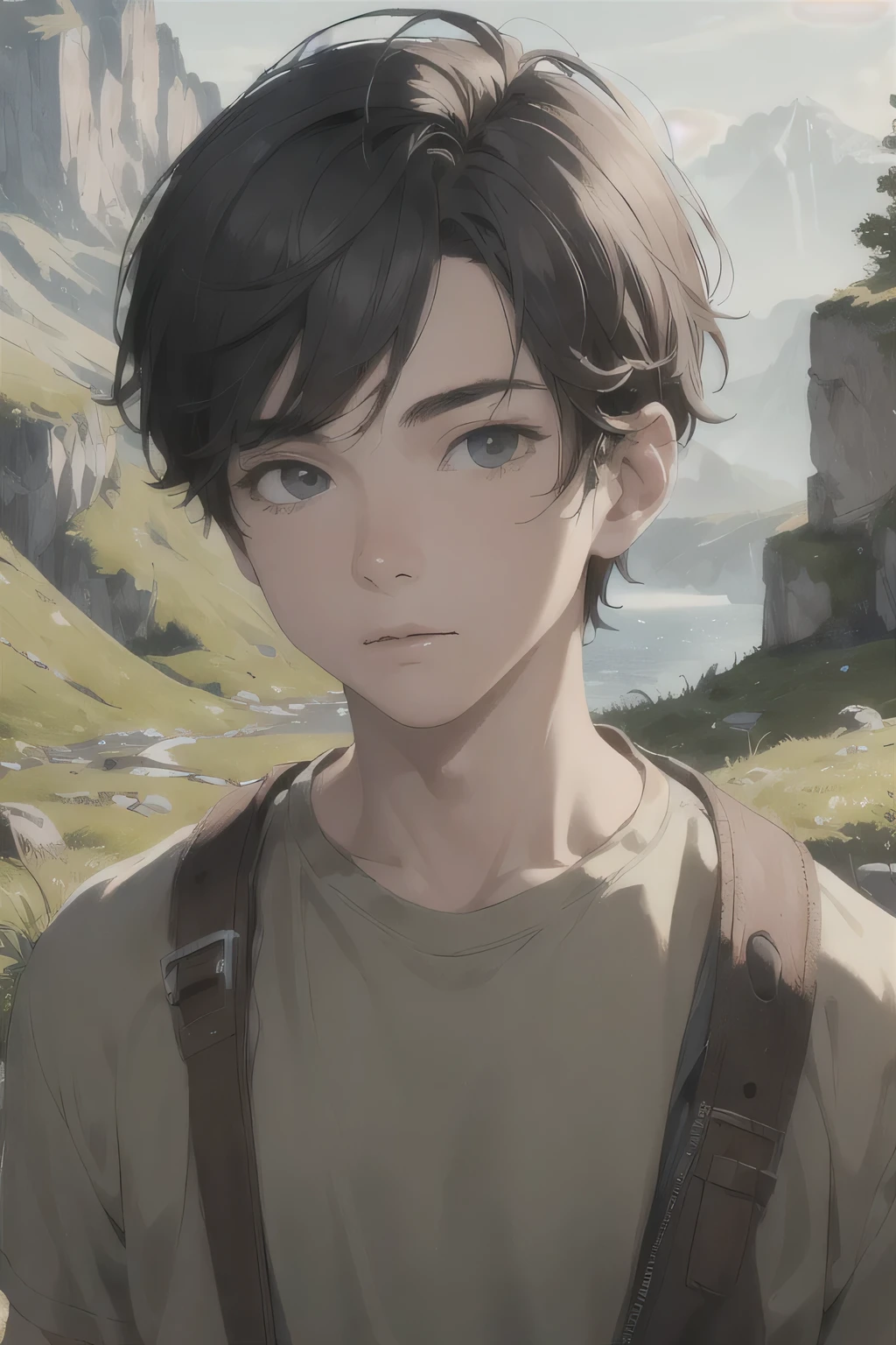 a boy in the forest, detailed facial features, messy brown hair, wandering through dense evergreen trees, sunlight filtering through the leaves, mossy rocks and roots, serene forest atmosphere, intricate details, high quality, cinematic lighting, realistic painting
