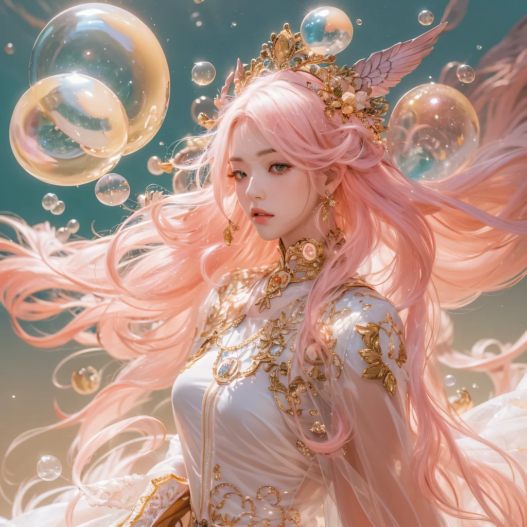 Peach Velvet Series,Peach-colored flull颜色,enamel,agate,A flesh-colored world,Blood Blue Maiden 32k(masterpiece,HD,Aoyama Pond,Ultra high quality,32k)Bright pink long flowing hair,blood pool,Ziddink, a color,Grumpy (After greeting), (Linen scarf), fighting stance, looking at the ground, light pink long hair, Floating bright blue, Fire cloud gold headdress, Chinese long-sleeved gold silk burgundy garment, (Abstract metaverse splash:1.2), White background,Peony flower vitality protector(realistically:1.4),Peach-colored flull,Smoke on the road,The background is very pure, high resolution, detail, RAW photos, Sharp Re, Nikon D850 film photo by Jefferies Lee 4 Kodak Portra 400 camera F1.6 guns, colorful, Ultra-realistic and vivid textures, dramatic lighting, Unreal Engine Art Station Trend, Sinest 800,Long flowing girl peach hair,Huge colorful bubbles light pink