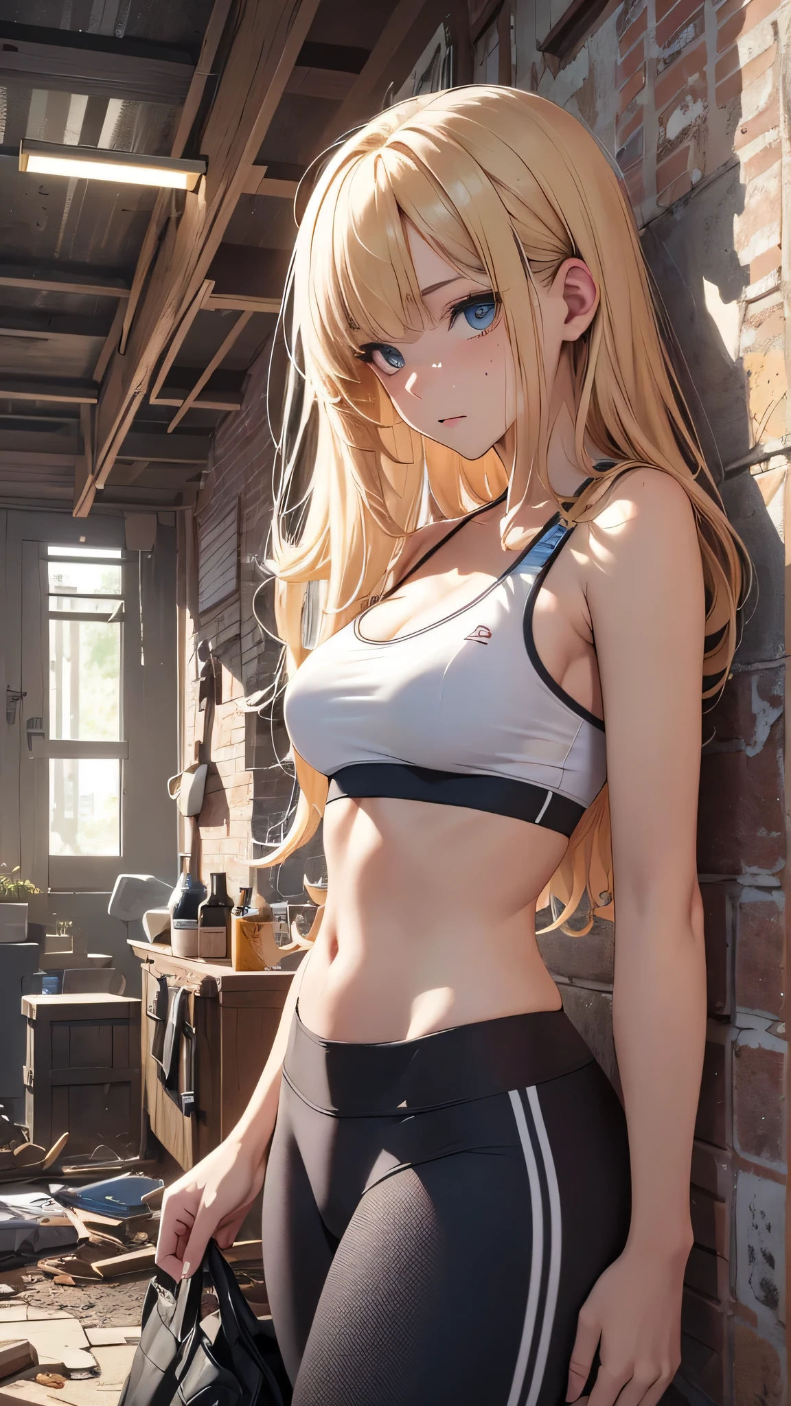 最high quality、best image quality、masterpiece、age girl((20-year-old、 By becoming、vest bust、medium bust,wide open breast tea、black eye, blonde hair、long hair、thin,highest valley、blue sports bra、Blue sports pants、punch、sweating、scattering of sweat)),high quality、beautiful art、background((dilapidated store、bad group))debris flies、Depth of written boundary、movie、visual art、perfect art、8k,genuine、