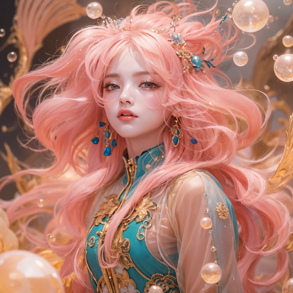 Peach Velvet Series,Peach-colored flull颜色,enamel,agate,A flesh-colored world,Blood Blue Maiden 32k(masterpiece,HD,Aoyama Pond,Ultra high quality,32k)Bright pink long flowing hair,blood pool,Ziddink, a color,Grumpy (After greeting), (Linen scarf), fighting stance, looking at the ground, light pink long hair, Floating bright blue, Fire cloud gold headdress, Chinese long-sleeved gold silk burgundy garment, (Abstract metaverse splash:1.2), White background,Peony flower vitality protector(realistically:1.4),Peach-colored flull,Smoke on the road,The background is very pure, high resolution, detail, RAW photos, Sharp Re, Nikon D850 film photo by Jefferies Lee 4 Kodak Portra 400 camera F1.6 guns, colorful, Ultra-realistic and vivid textures, dramatic lighting, Unreal Engine Art Station Trend, Sinest 800,Long flowing girl peach hair,Huge colorful bubbles light pink