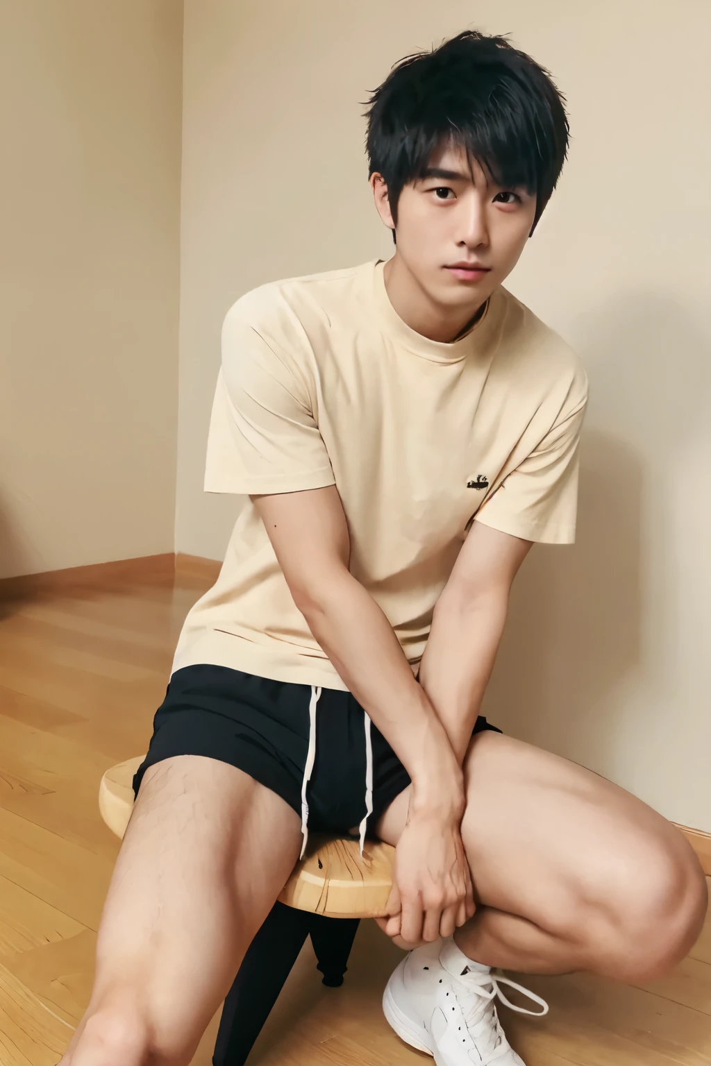 (super sharp focus), (hairy legs), hairy legs, toned legs, whole body, two block, messy short hair, long legs, 27 year old Japanese male, wearing beige shorts, wearing a black T-shirt, very short hair, black hair