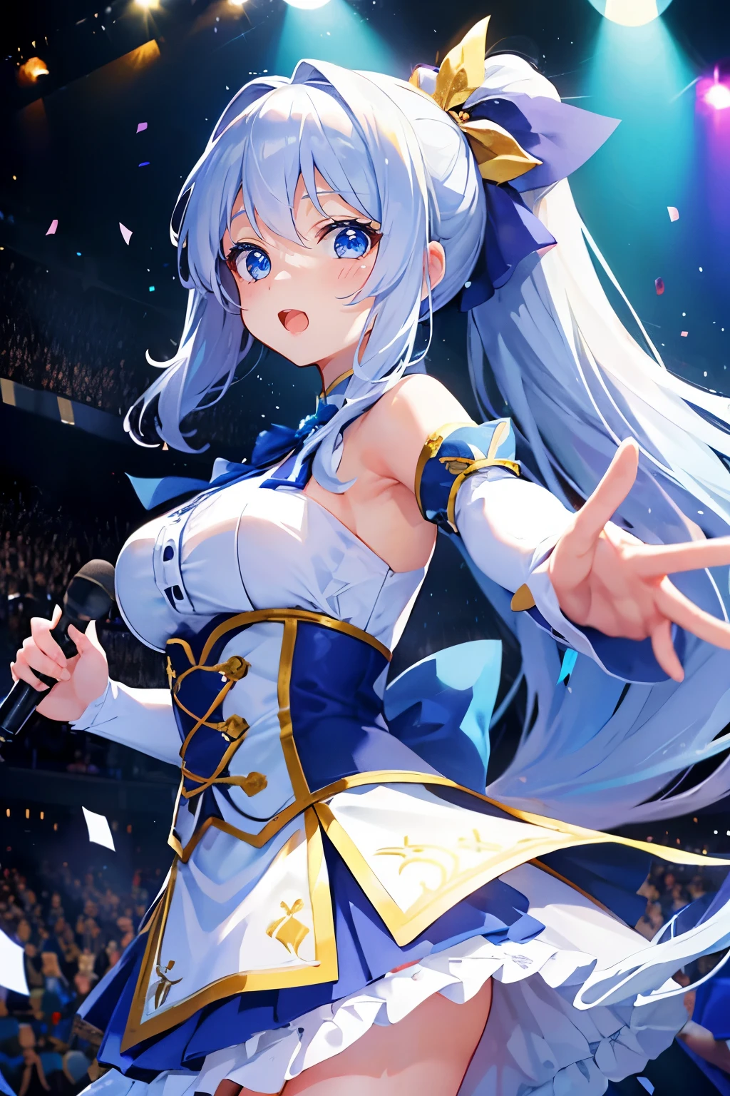 very detailed, ((1 girl)), focus only,Low - Angle,dynamic,jump,((big smile)),wink,perfect face, beautiful face, very detailedな顔,(white long hair_blue eyes:1.3),idol costume,the only idol,Ribbon hair ornament,concert dome,live,I have a microphone,sing,smile with your mouth wide open,laser light,Spotlight,Lots of confetti