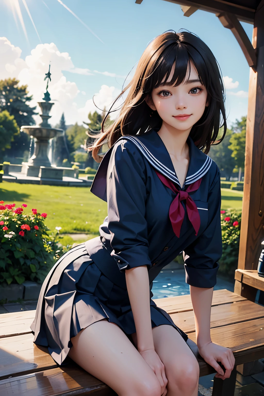 very cute and beautiful school girl,teen,(highly detailed beautiful face),
(smile:1.2),happy,looking at viewer,black hair,(sailor school uniform),(pleated navy blue itting on wooden bench in elegant gazebo,flower garden,water fountain,forest,
(best quality,masterpiece:1.2),absurdres,highres,ultra-detailed,extremely detailed,32k,8k resolution,
intricate details,cinematic scene,detailed background,solo,dynamic angle,
hair fluttering in the wind,beautiful detailed sky,perfect hands,