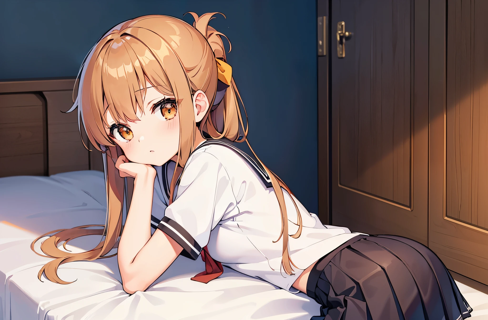 (masterpiece, best quality:1.2),illustration,8k,hd,1girl,solo,upper body,(portrait:1.2),brown_hair,folded_ponytail,brown_eyes,serafuku,long_hair,school_uniform,skirt,pleated_skirt,
