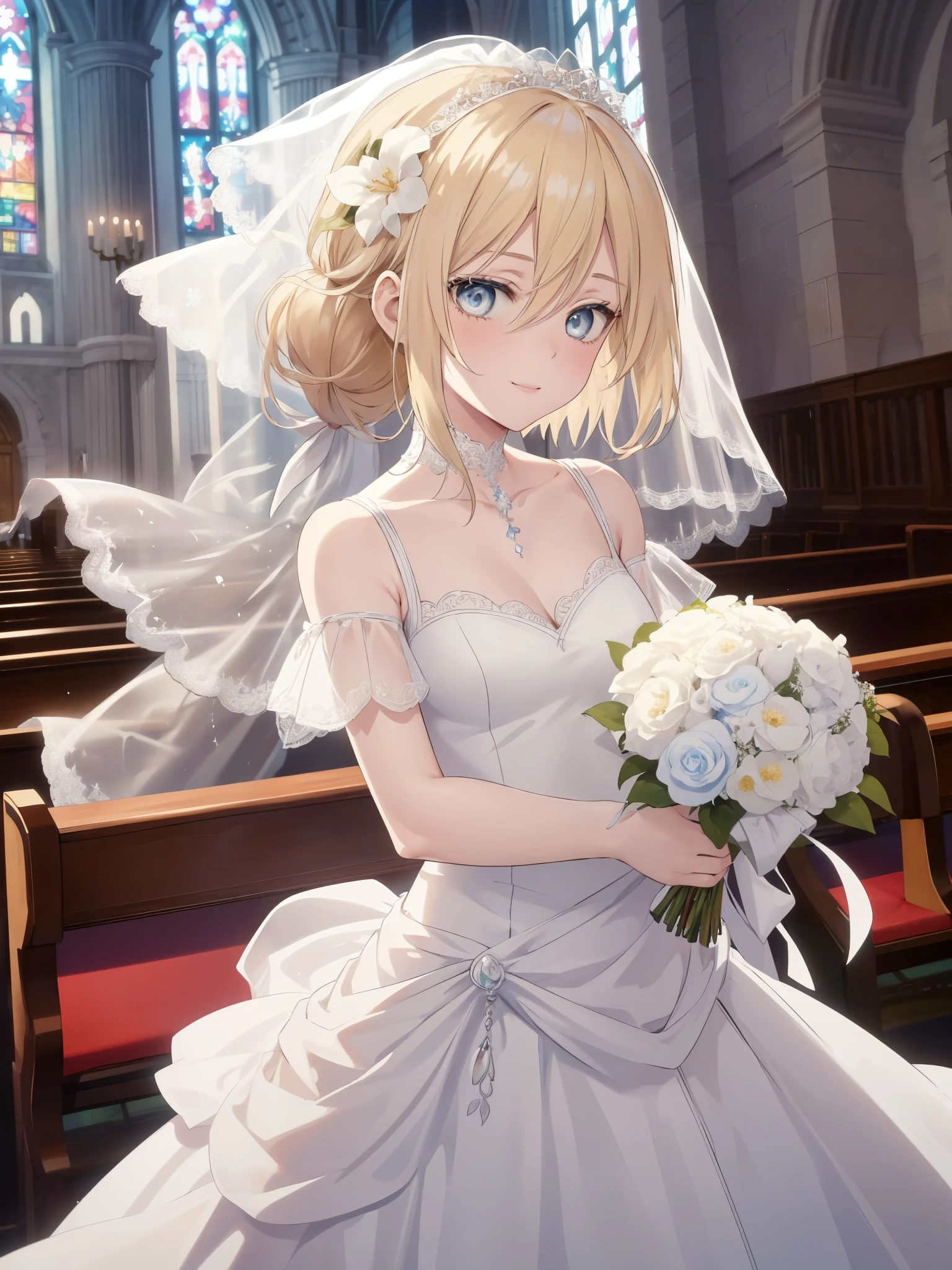 masterpiece, highest quality, High resolution,
1 girl, alone, History of watching viewers, Christa Lentz, blonde hair, blue eyes, hair between eyes, short hair,  ponytail,
one girl, High resolution,masterpiece,highest quality, ,1 girl, alone, hair flower, wedding d again ss, holding a bouquet in hand, Chacha, smile, church, white bridal veil, Wedding dress, wedding style, whole body, exposed, put out one&#39;s shoulders, show your skin, white dress