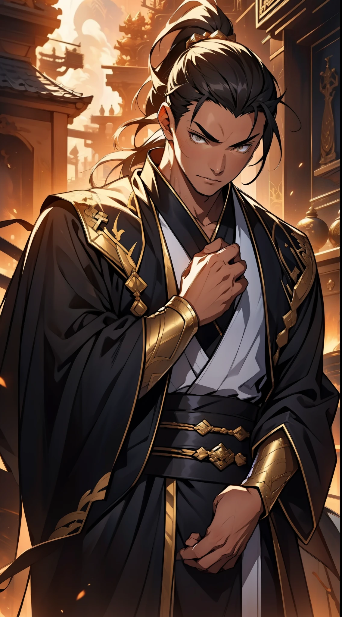 Two dimensions,anime style,one person(male warrior),proportions are correct,facial details,swordsman,high ponytail hairstyle,neck detail,Have an Adam's apple,Black and gold robe,joke,Black and gold robe,clothing details,Hand over,long sleeves,Game quality,fencing,Ray tracing,Ray tracing,Detailed glow,CG rendering,hair details,Long black and blond hair,Black-gold eyes,Handsome,Handsome,(Youthful feeling),Costumes are complicated,Perfect composition,refine,high quality,higher details,many details,Complex background,a sense of atmosphere,