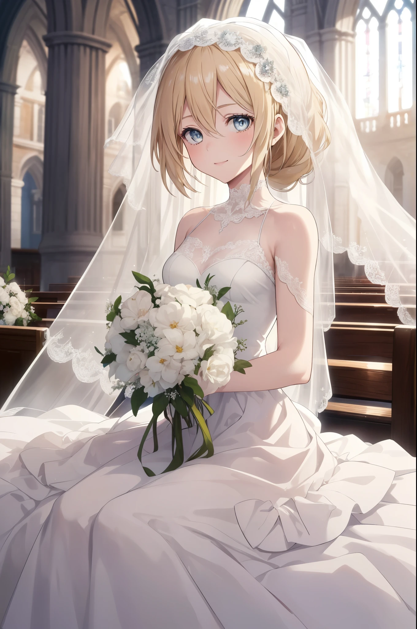 masterpiece, highest quality, High resolution,
1 girl, alone, looking at the viewer, sitting, 
history, Christa Lentz, blonde hair, blue eyes, hair between eyes, short hair,  ponytail,
one girl, High resolution,masterpiece,highest quality, ,1 girl, alone, hair flower, wedding d again ss, holding a bouquet in hand, Chacha, smile, church, white bridal veil, Wedding dress, wedding style, whole body, exposed, put out one&#39;s shoulders, show your skin, white dress