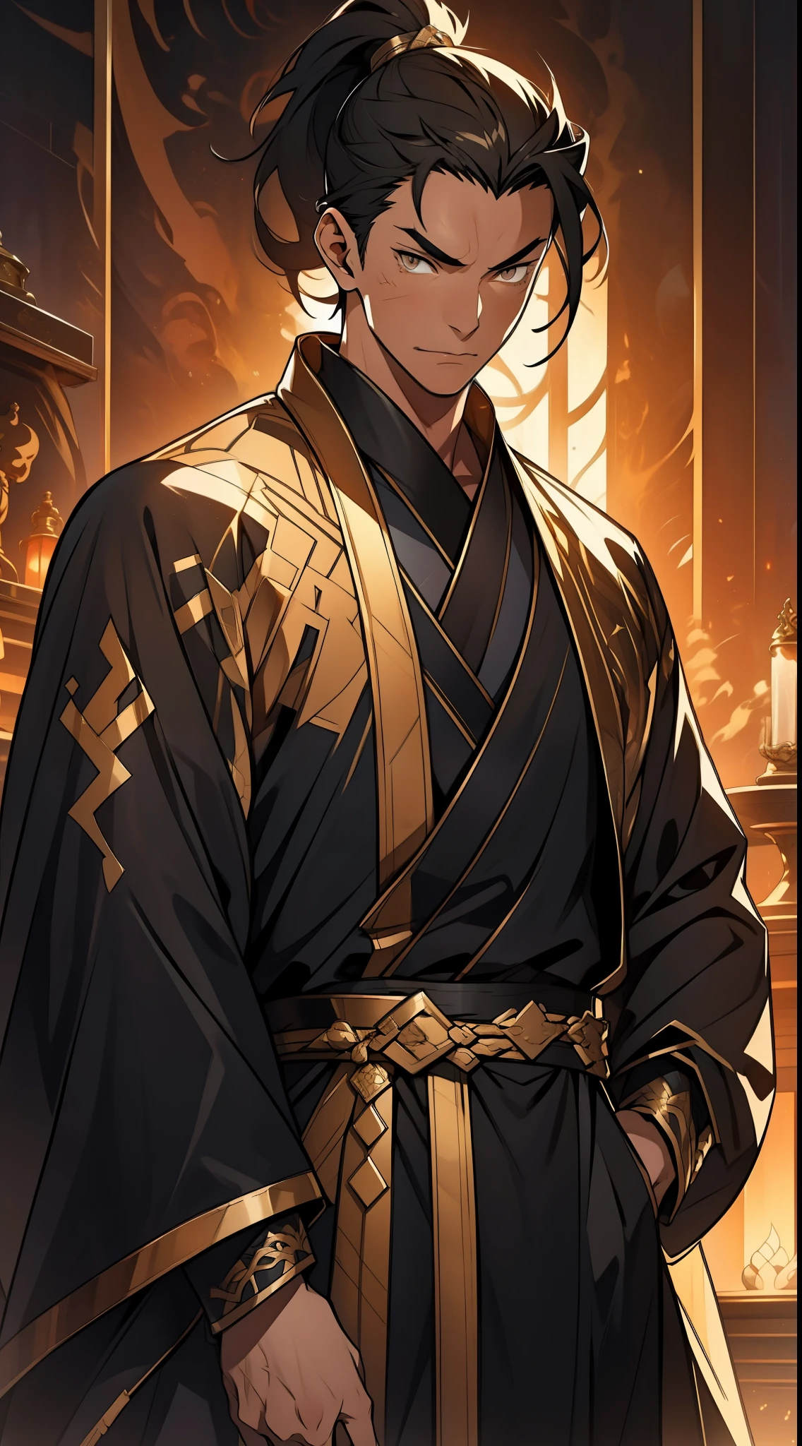 Two dimensions，anime style，one person（male warrior），proportions are correct，facial details，swordsman，high ponytail hairstyle，neck detail，Have an Adam&#39;s apple，Black and gold robe，joke，Black and gold robe，clothing details，Hand over，long sleeves，Game quality，fencing，Ray tracing，Ray tracing，Detailed glow，CG rendering，hair details，Long black and blond hair，Black-gold eyes，Handsome，Handsome，（Youthful feeling），Costumes are complicated，Perfect composition，refine，high quality，higher details，many details，Complex background，a sense of atmosphere，
